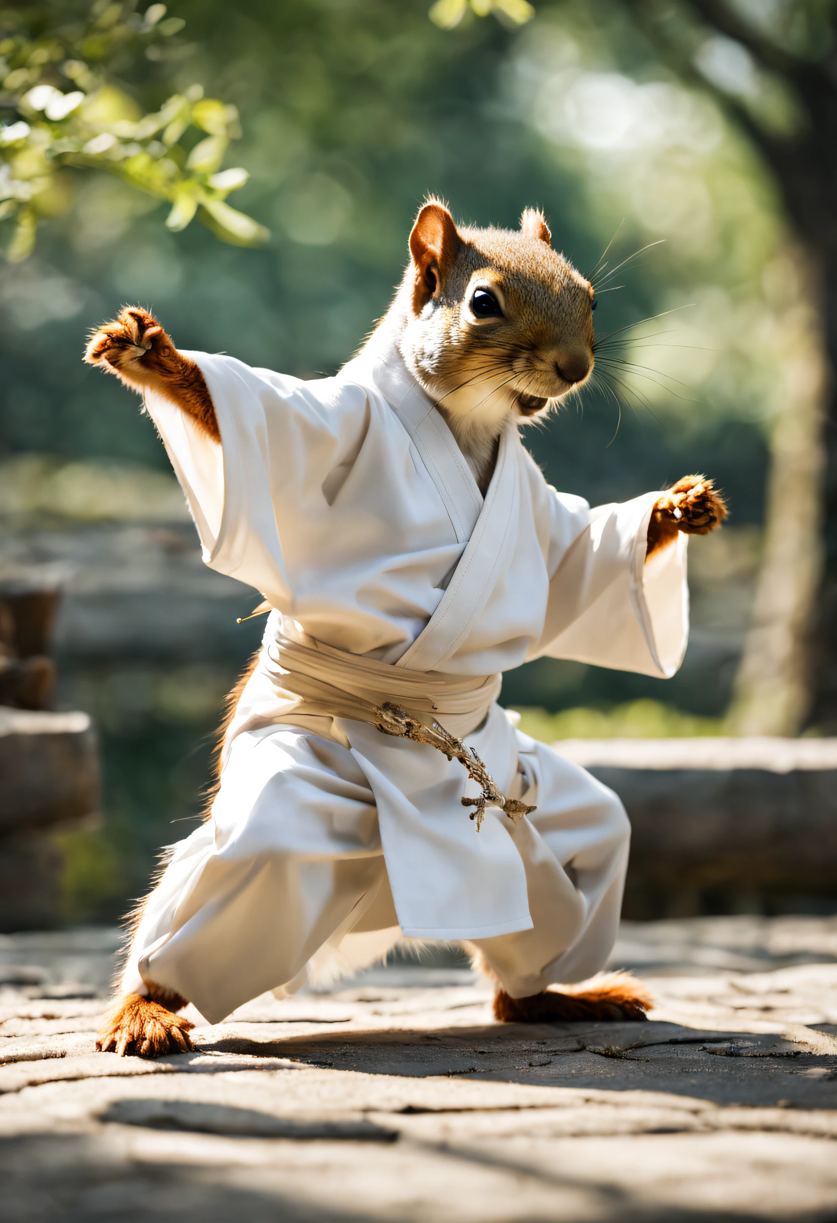imagine, like a humanoid (anthropomorphic) a squirrel in a white kimono practices kung fu in a picturesque Chinese garden, Squirrel Furry, squirrel - kung fu fighter, kung fu training, Anthropomorphic squirrel, Hi-Def, Best Quality, Highest Resolution, 8K, Feature photo, Photorealistic quality, higly detailed