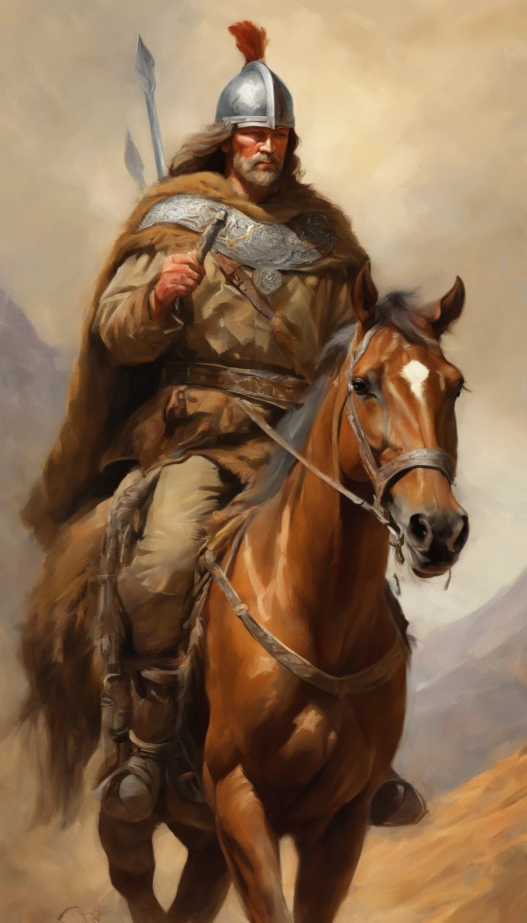 ((((general kraus)))),  young lady male in a brown outfit with a sword, highly detailed character, viking warrior, epic viking king, norse ancient epic hero, muscular long haired with tattoo Philippine God of War, on horse back, modelshoot style, (extremely detailed CG 8k wallpaper), body photo of the most beautiful artwork in the world, medieval armor, body portrait, Nimrod the first king of Babylon, hunter, barbarian, macho man, majestic professional oil painting by Ed Blinkey, Atey Ghailan, Studio Ghibli, by Jeremy Mann, Greg Manchess, Antonio Moro, trend at ArtStation, trend at CGSociety, Intricate, High Detail, Sharp Focus, Dramatic and Photorealistic Painting Art by Midjourney and Greg Rutkowski, (((on horse back)))