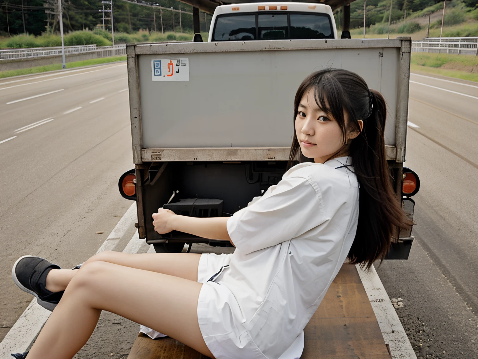 Japanese girl sitting in the rear edge of cargo space of the truck, running on the high way, masterpiece, best quality