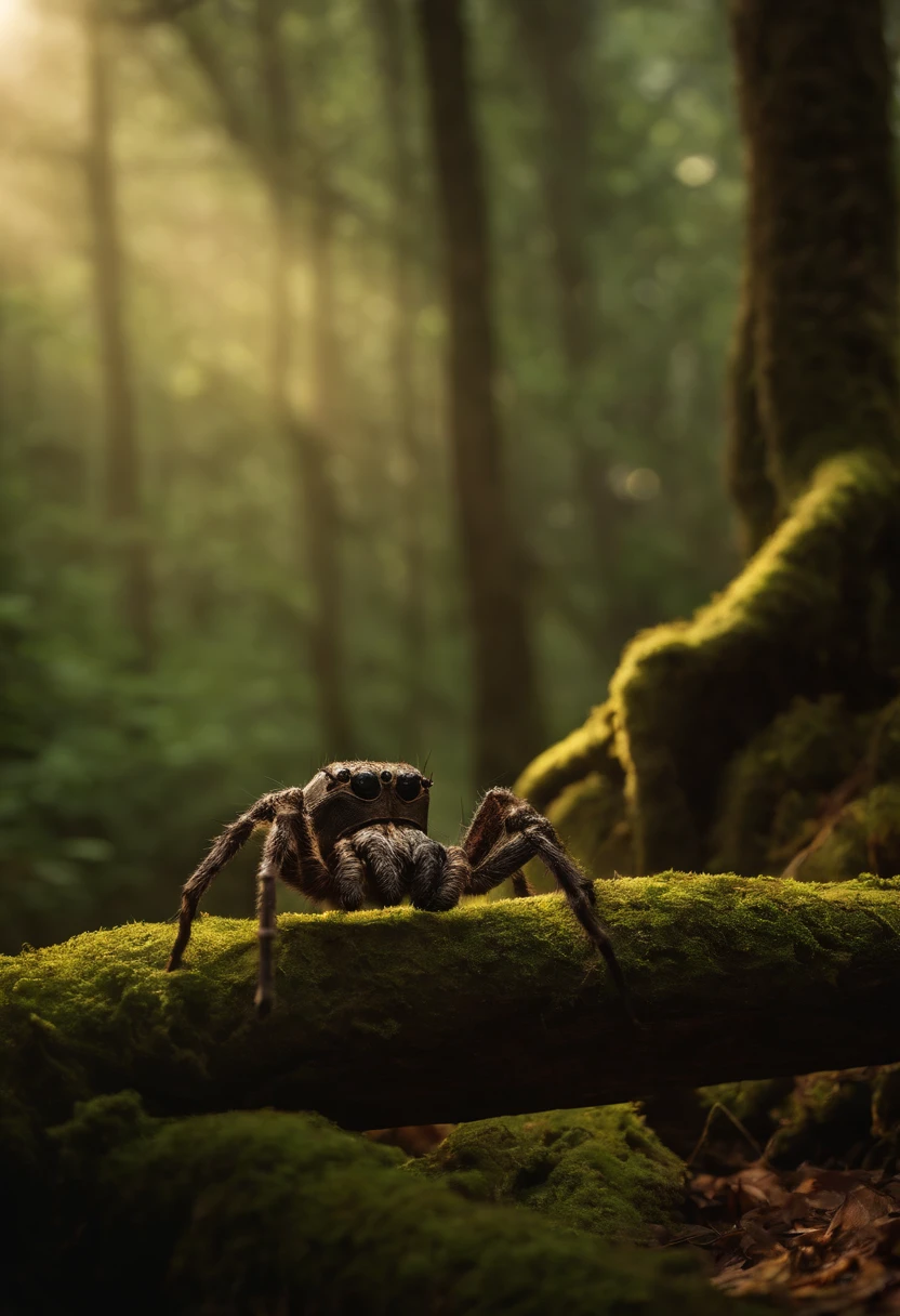 Aragog perched on a ancient, gnarled tree branch, with the warm mid-morning sunlight filtering through the leaves, creating a dappled pattern on the forest floor below.,Harry Potter and the Chamber of Secrets,Aragog is an Acromantula, a giant spider, male