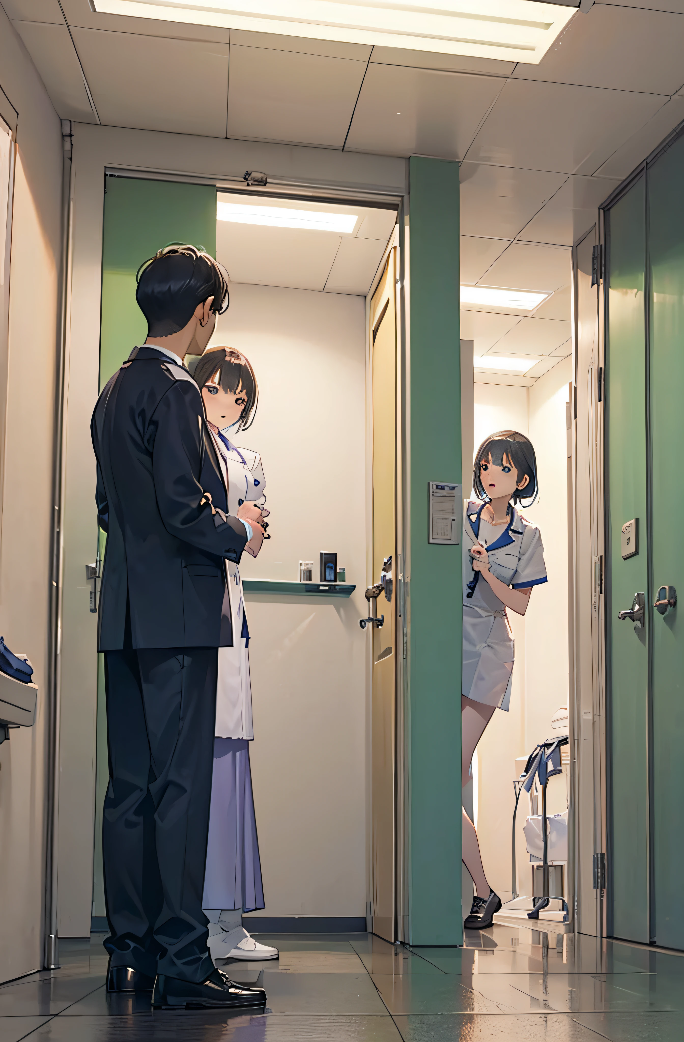 (one male individual、3 women:1.5) (in the hospital changing room)(very crowded scene).Hospital