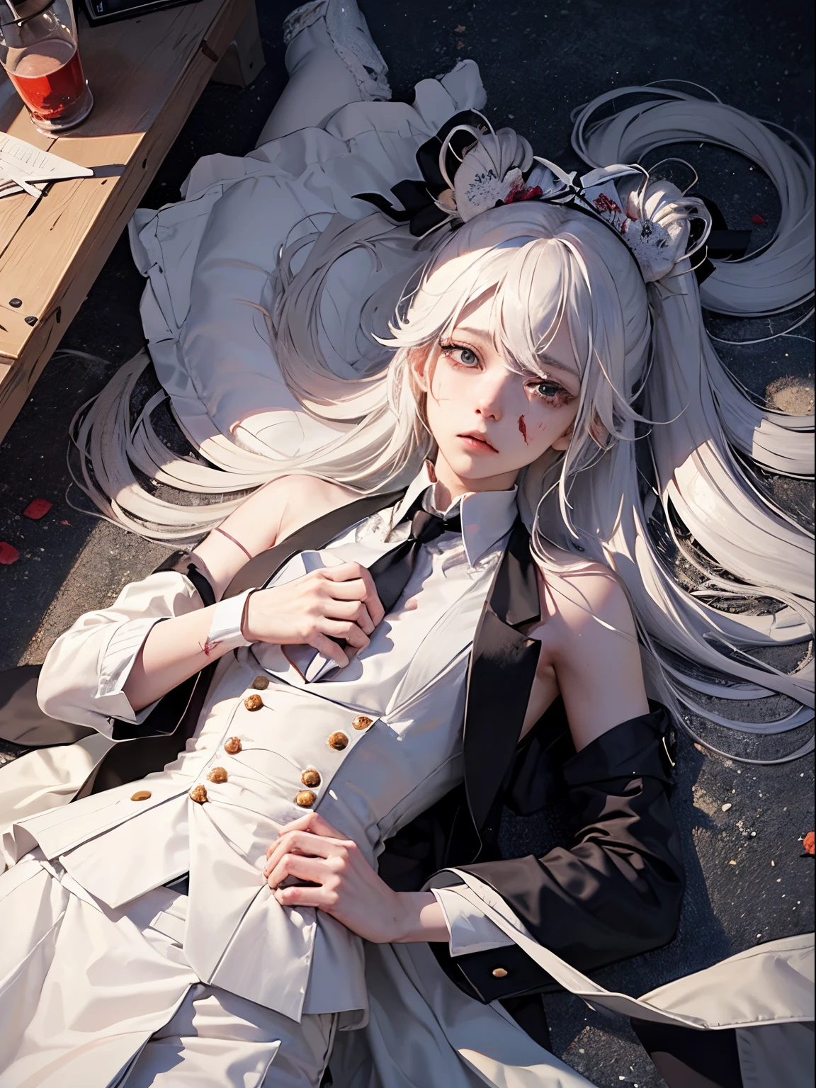 (masutepiece)(high-detail)(Angle from above)male in his 20s、white hair、poneyTail、tailcoat、neck tie、The hat is falling off、Blood on face and body、injury、Clothes are slightly torn、lying back on、Bandage on the arm、Expression of melancholy、very heavy rain、asphalt