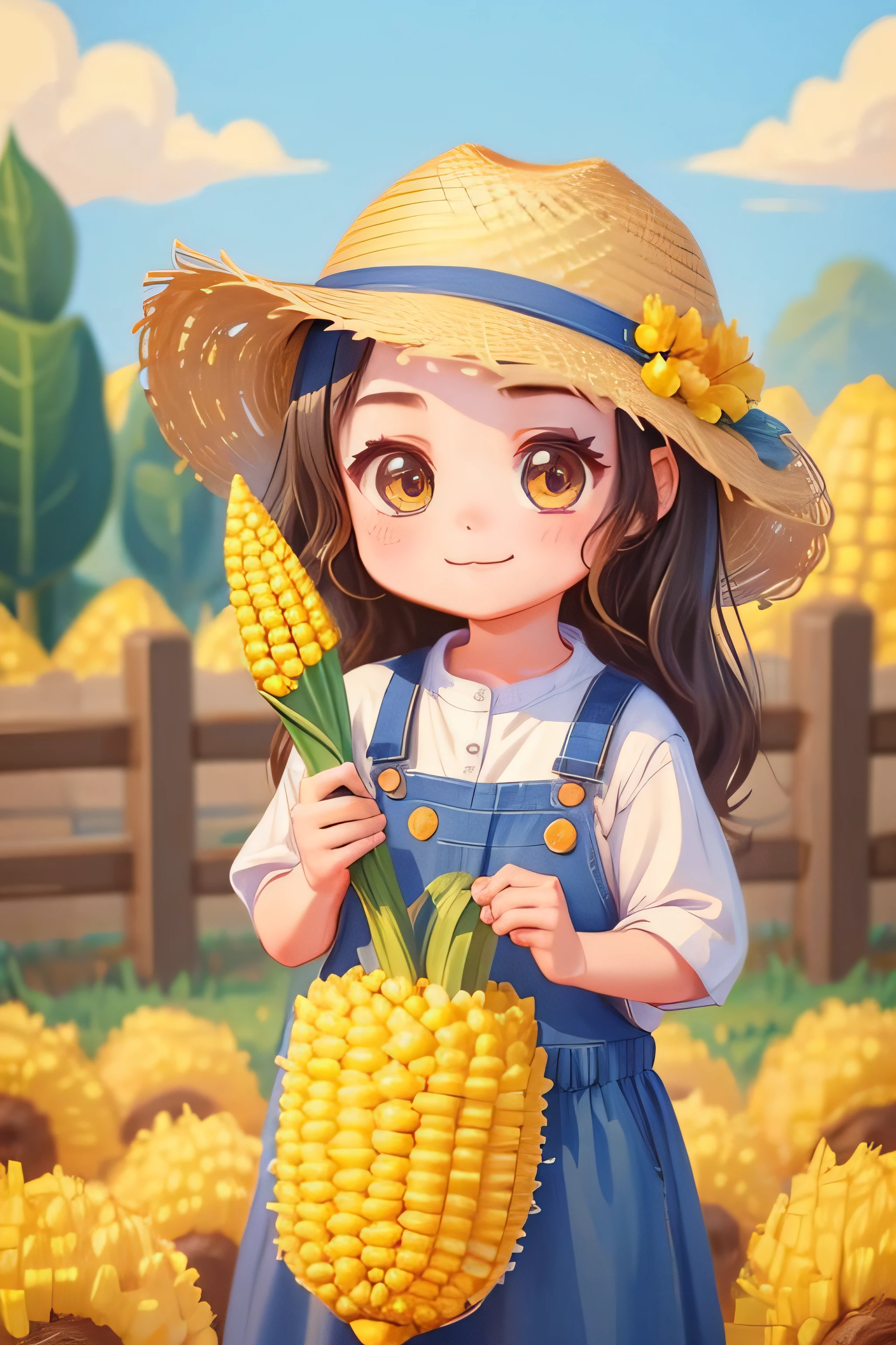 （Pixar style 1.25）A happy little farm girl，She wears a straw hat，Holding a corn stalk in my arms，girl is asian face，nothing background，Just a solid color background。