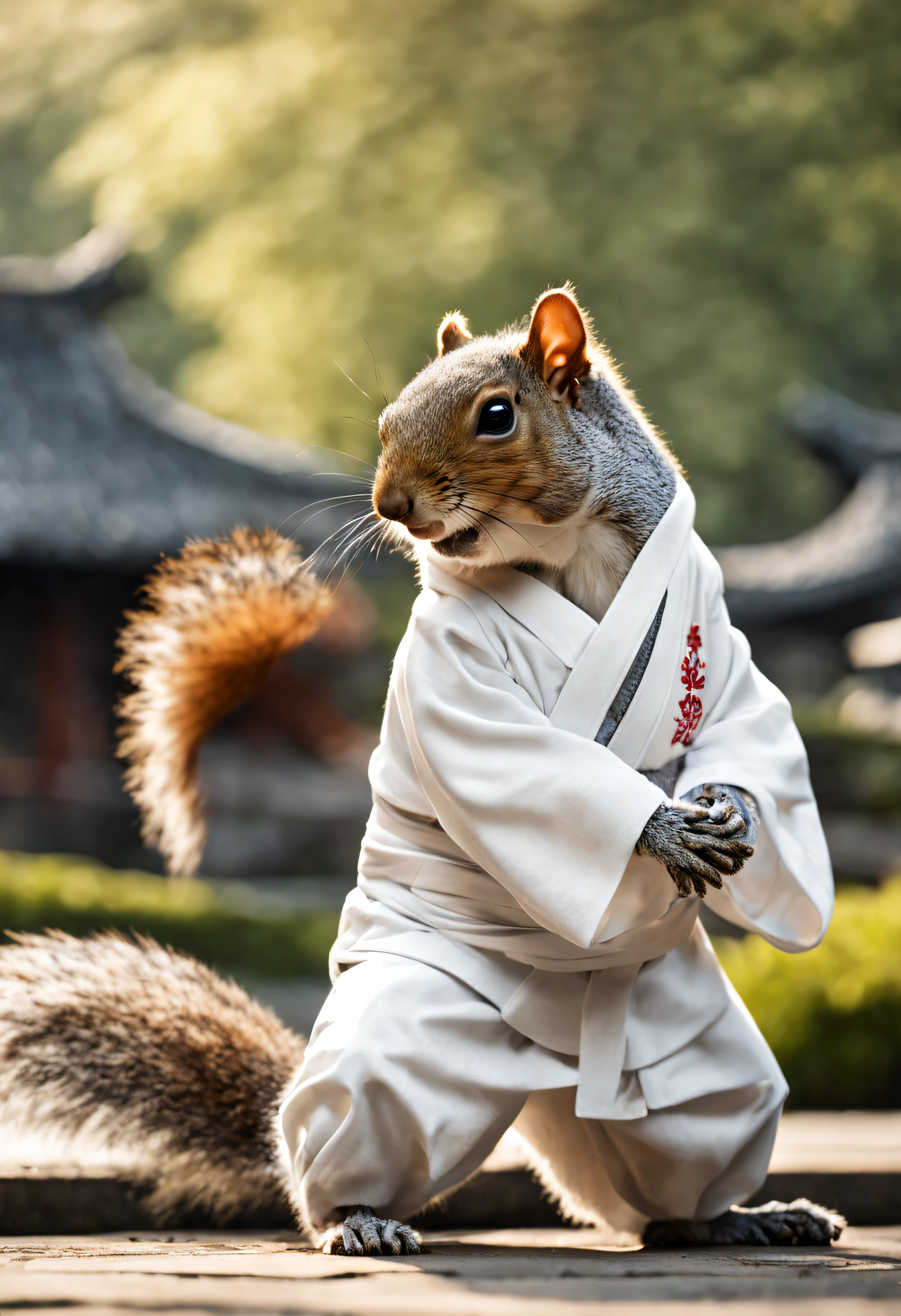imagine, like a humanoid (anthropomorphic) a squirrel in a white kimono practices kung fu in a picturesque Chinese garden, Squirrel Furry, squirrel - kung fu fighter, kung fu training, Anthropomorphic squirrel, Hi-Def, Best Quality, Highest Resolution, 8K, Feature photo, Photorealistic quality, higly detailed