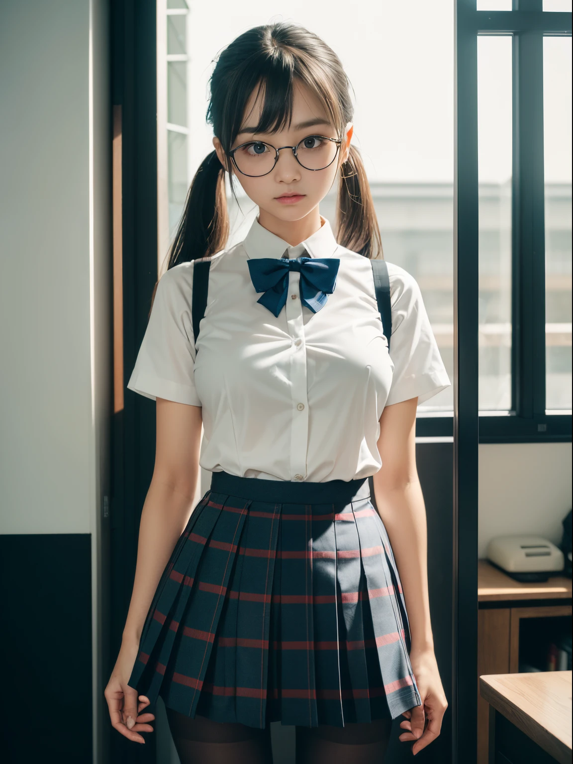 (((Twin-tailed)))、(Underwear is visible)、((Narrow-eyed))、((Narrow-eyed))、((Narrow-eyed))、(8K、Raw photography、top-quality、​masterpiece：1.2),、Has a small、(flat breast)、(flat breast)、(flat breast)、(flat breast)、(flat breast)、(being thin)、light skinned、skin whitening、Dark look、Rasping,glamor,Chromo-white skin,cocky,School,watching at viewers,Looking at the front,Muchimuchi,High-pitched clothing,Erotic,Pupils,de pele branca,kne,((Black pantyhose)),absurderes,a small face,,Forehead visible,Bangs hanging from the left and right sides of the forehead,(a cold expression,Tight eyes,glares,Bullish,irate)、​masterpiece,top-quality、超A high resolution,Raw photo,ren,Beautiful fece,One Person, 独奏,eye glass,,Dark look,Small breasts,fullllbody,Round glasses,JK school uniform,hi-school girl,A Japanese Lady,is standing,（Photorealsitic：1.37）、Photon mapping,Realistic、Beautie,Cute little face,Brown-eyed、Black socks、(Red bow tie)、Radio City、Physically Based Rendering、depth of fields、Blurry background、a picture,Body,beauty legs, Long legs, Thin leg,(Bangs are visible), hair, s lips, Blue_The eye, nosesoft,(Light blue shirt), (Navy and blue and white plaid pleated skirt), Knees are visible,Sheer clothing,, Thigh, Black cotton socks,Nogizaka Idol, 女優, Japanese ido