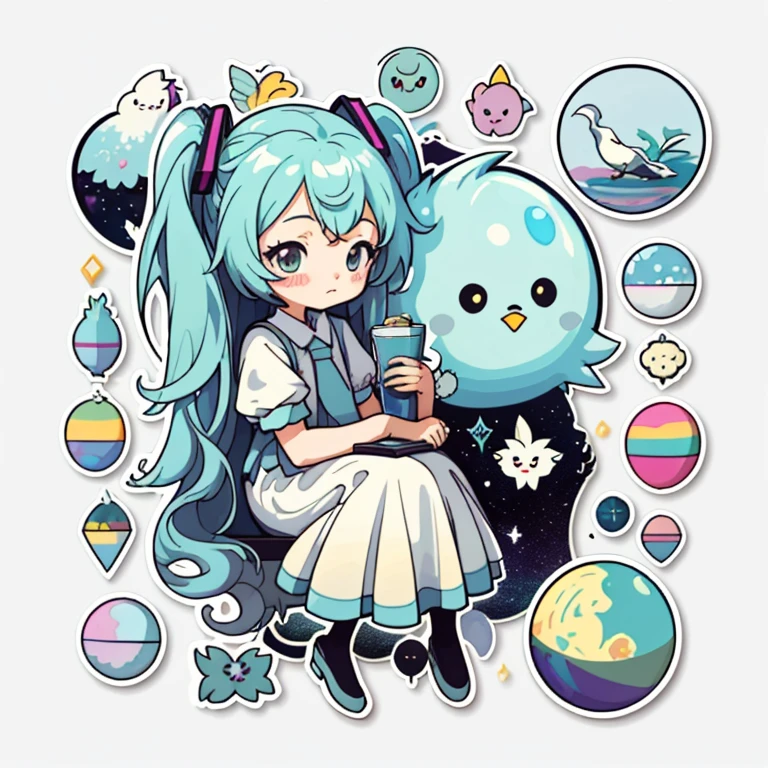 1 sticker, handbook, (Sticker, 1 girl, luna, Separating elements), watercolour, whitebackground, Simple background, minimal, Cute, tiny, Color: pastel colours, vector style, No gradient, hatsune miku, dark shadows, Lustrous Hair, Tarot symbols, bird, Light vintage color,