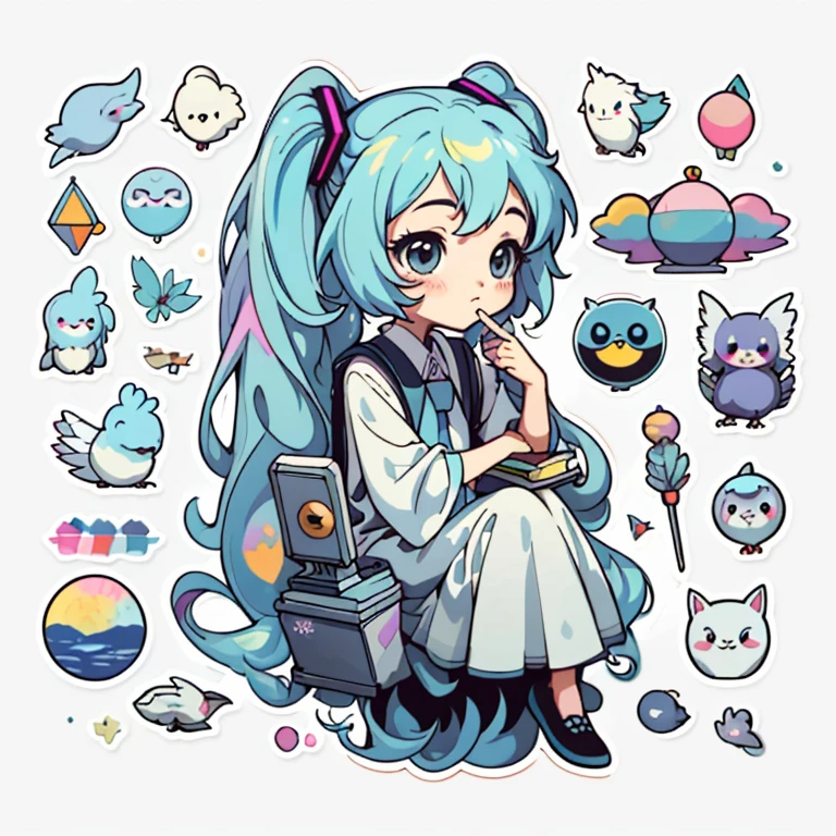 1 sticker, handbook, (Sticker, 1 girl, luna, Separating elements), watercolour, whitebackground, Simple background, minimal, Cute, tiny, Color: pastel colours, vector style, No gradient, hatsune miku, dark shadows, Lustrous Hair, Tarot symbols, bird, Light vintage color,