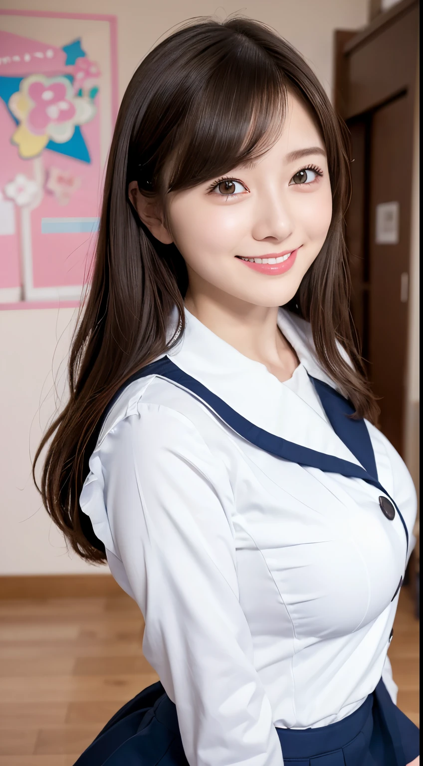 Enhanced dynamic perspective,Cute cute beautiful girl,JK school uniform,Look at me and smile,simple backgound,Works of masters,high quarity,4K resolution,super-fine,Detailed pubic hair,acurate,Cinematic lighting,Leaves the original facial proportions、(large full breasts)、((buttonGap))