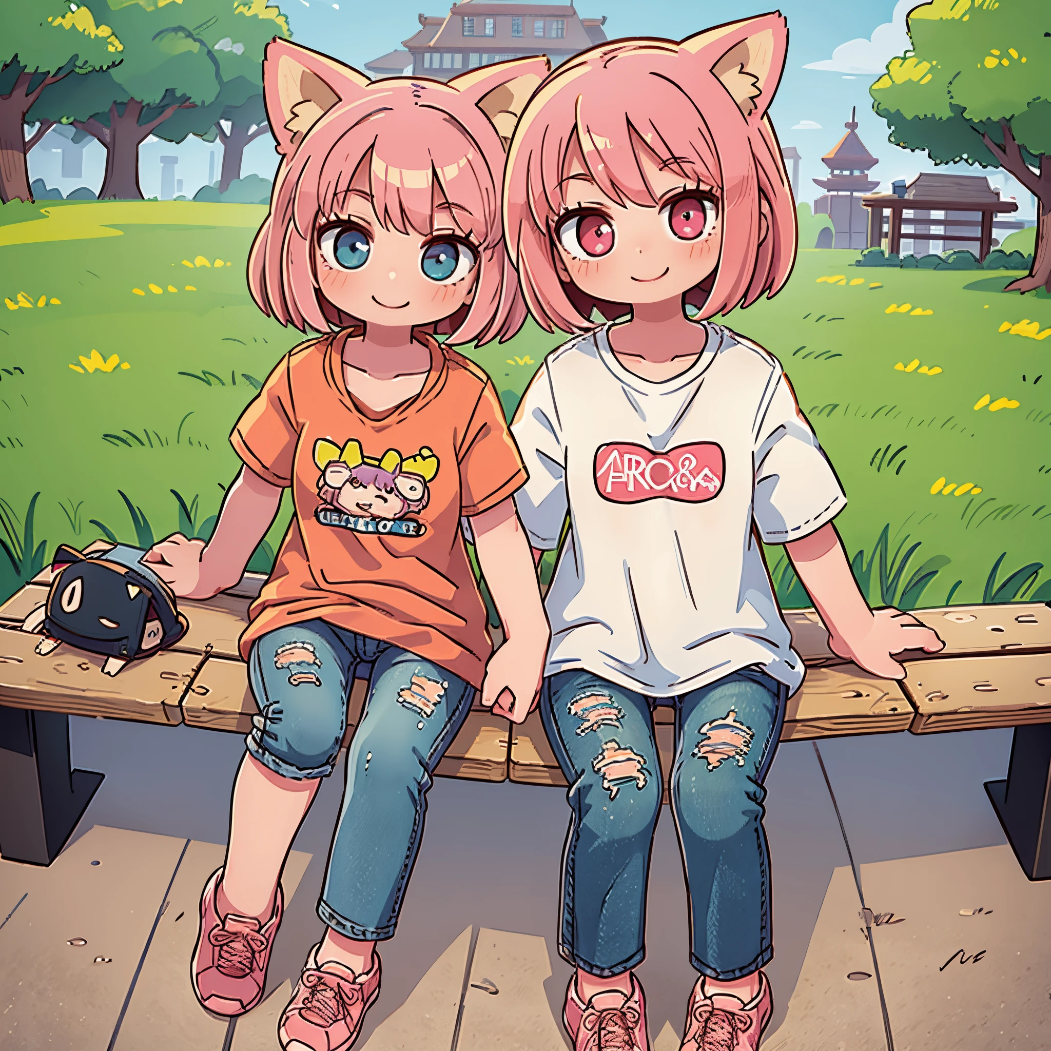 Anime characters sitting on a bench in a park with a cat - SeaArt AI