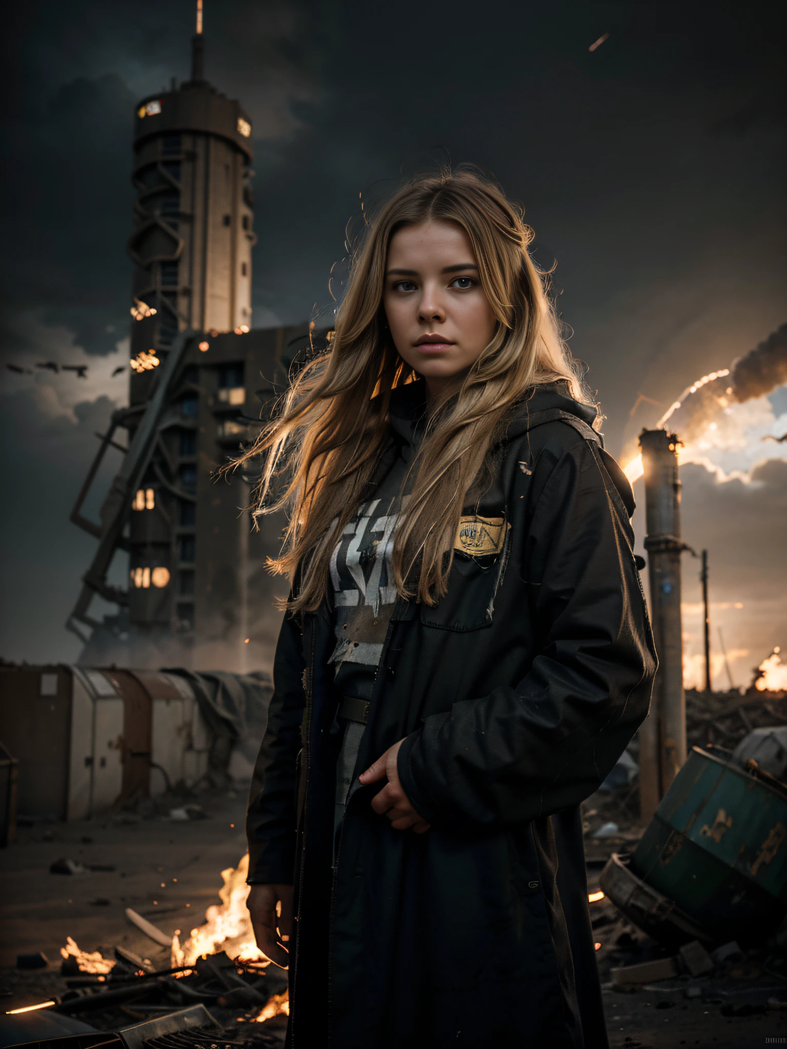 RAW photograph, Russian girl 18 years old , long dirty blonde hair, wind blown hair, dusty face, jedi robes, Against the backdrop of a desolate post-apocalypse, hero landing pose, crouched, destroyed buildings, Carcasses of burnt war vehicles, tracer bullet flares on background, Oppressive atmosphere, Dark skies, photo realism, sharp-focus, fallout, science fiction, cinematic scene,