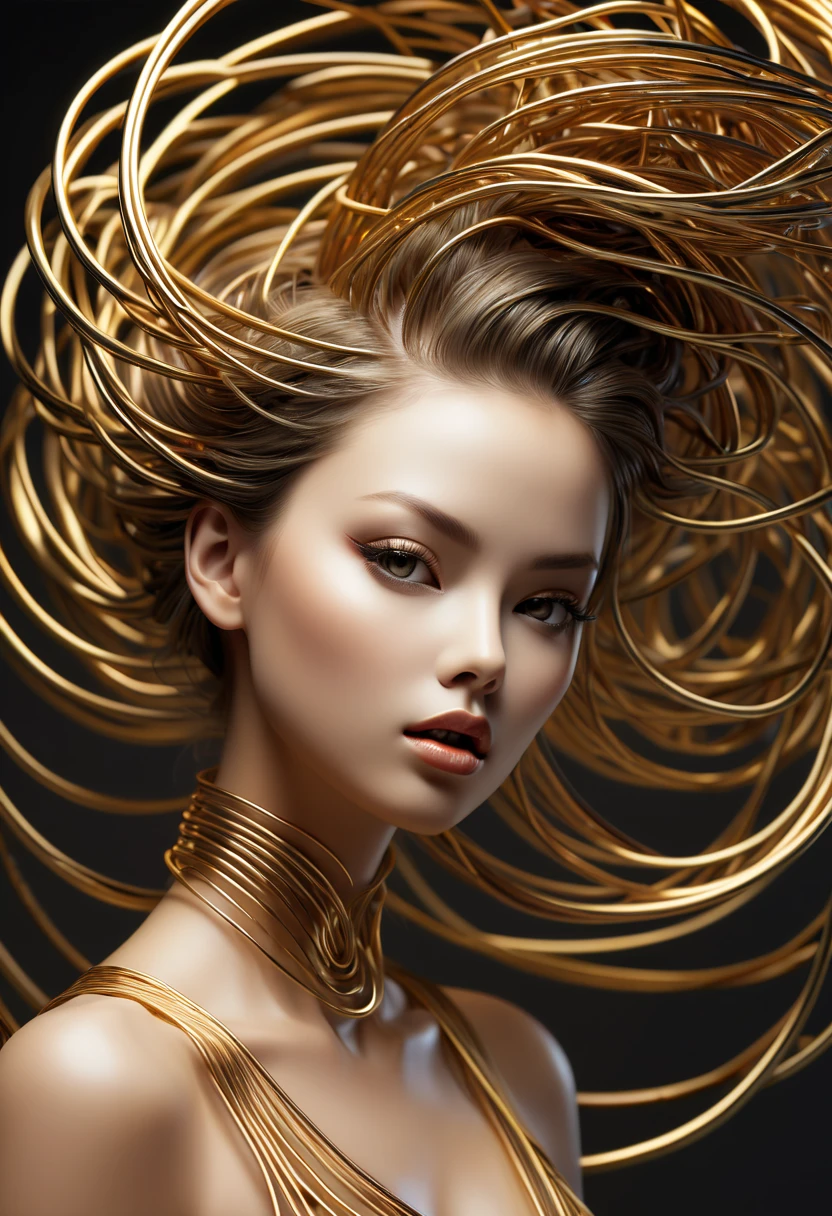 (Best Quality,ultra - detailed,best best illustration,The best shadow,tmasterpiece,hight resolution,professionalartwork,famousartwork),(line-drawing:1.5),Metal wire,A masterpiece of texture,s fractal art,beautiful a girl,model shoot tyle,abstract paintings, (Highly detailed CG unified 8k wallpaper), From the intricate rainbow of smoke overhead、A storm of chaotic lines rises, Stylized abstract portrait of a beautiful girl,Heavy Metal Style,postmodern industrial style,Ultra-realistic realism,Metallic luster,metalictexture,Sculptural image of a beautiful woman made of thin metal wire, golden curve structure, female sculpture made of wire, spiral dripping gold, metal curve composition, winding street, abstract female sculpture, small whirlpool, Abstract Sculpture, twist, Revolutions, intricate metal wire, spiral, long exposure photography, sleek lines, intricate light