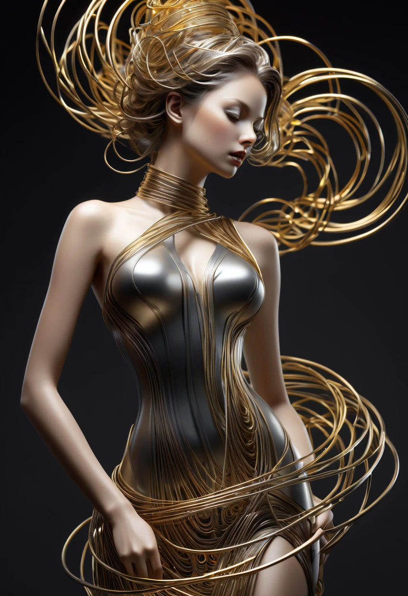 (Best Quality,ultra - detailed,best best illustration,The best shadow,tmasterpiece,hight resolution,professionalartwork,famousartwork),(line-drawing:1.5),Metal wire,A masterpiece of texture,s fractal art,beautiful a girl,model shoot tyle,abstract paintings, (Highly detailed CG unified 8k wallpaper), From the intricate rainbow of smoke overhead、A storm of chaotic lines rises, Stylized abstract portrait of a beautiful girl,Heavy Metal Style,postmodern industrial style,Ultra-realistic realism,Metallic luster,metalictexture,Sculptural image of a beautiful woman made of thin metal wire, golden curve structure, female sculpture made of wire, spiral dripping gold, metal curve composition, winding street, abstract female sculpture, small whirlpool, Abstract Sculpture, twist, Revolutions, intricate metal wire, spiral, long exposure photography, sleek lines, intricate light