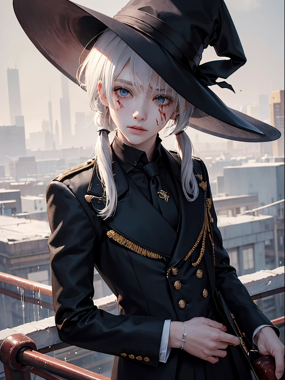 ☠️,⚠️,((🕵️♀️)),✨, horror theme, (Depressed:1.3), Wall of blood,silber hair ,(masks) , (repression) , Dilapidated walls , Ruined costumes , Sideways portrait, (Hat , tailcoat) ,