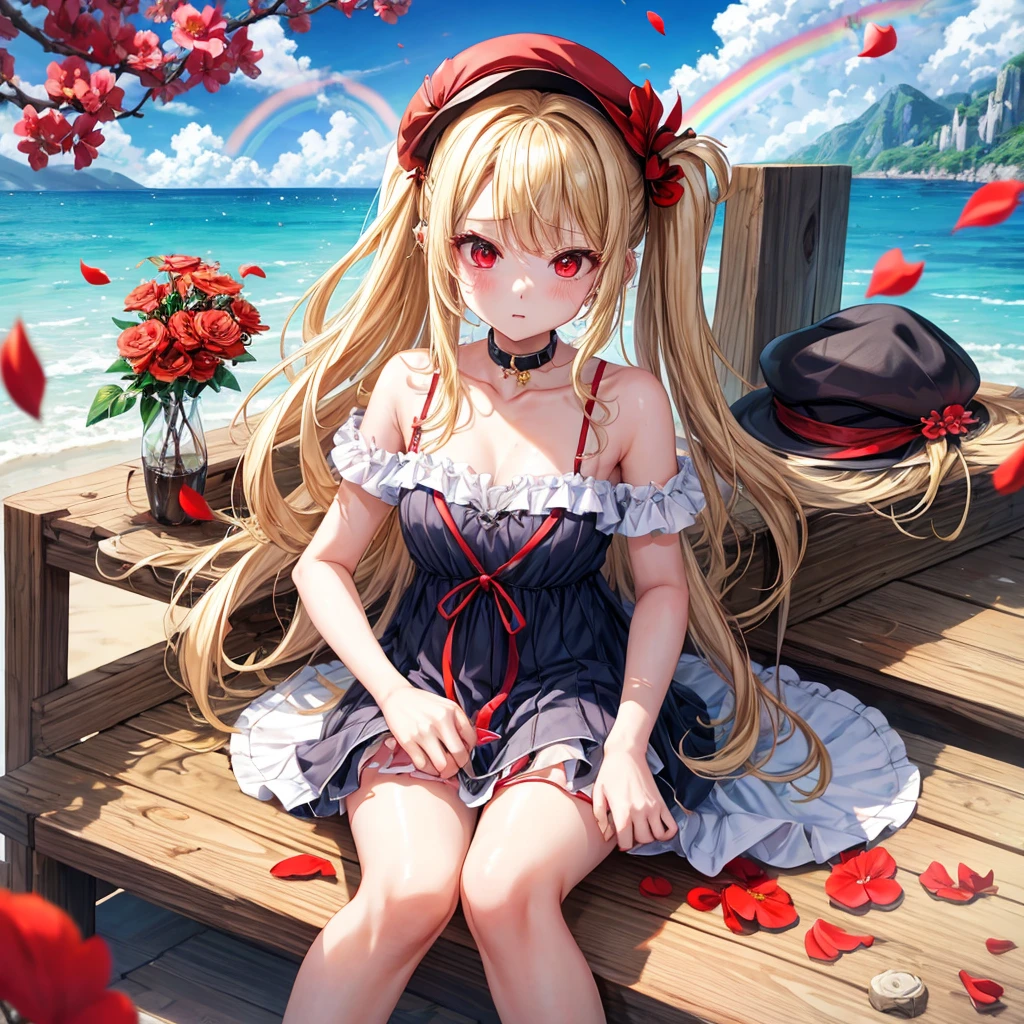 a blond、red eyes、1 pretty girl、animesque、a miniskirt、sitting on、flower petals、bare-legged、wetting hair、Hats、piercings、gyuru、Camisole-wearing、sea of clouds、There is a rainbow hanging over it