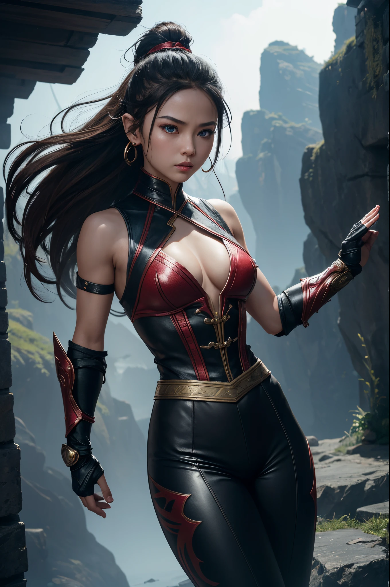 8K、1little girl,tiny chest,girl swordsman,cinematic wonder:Mortal Kombat Girl's ultra-realistic glow in Unreal Engine 5,Small cleavage、Light equipment、Jet black exterior,Black pants,red precise pattern work,Blue eyes、Equipped with one-handed sword,Creates an enchanting spectacle of strength and elegance。red earrings in ears,Even the smoky air swirling around me、Captured in stunning ultra-high definition 8K detail、It will take you to a world where myth and reality intertwine.。超A high resolution、super realistic skin、Flashy action scenes,Tall ,brown mohawk hair,Look at viewers,a very strong wind blows,
