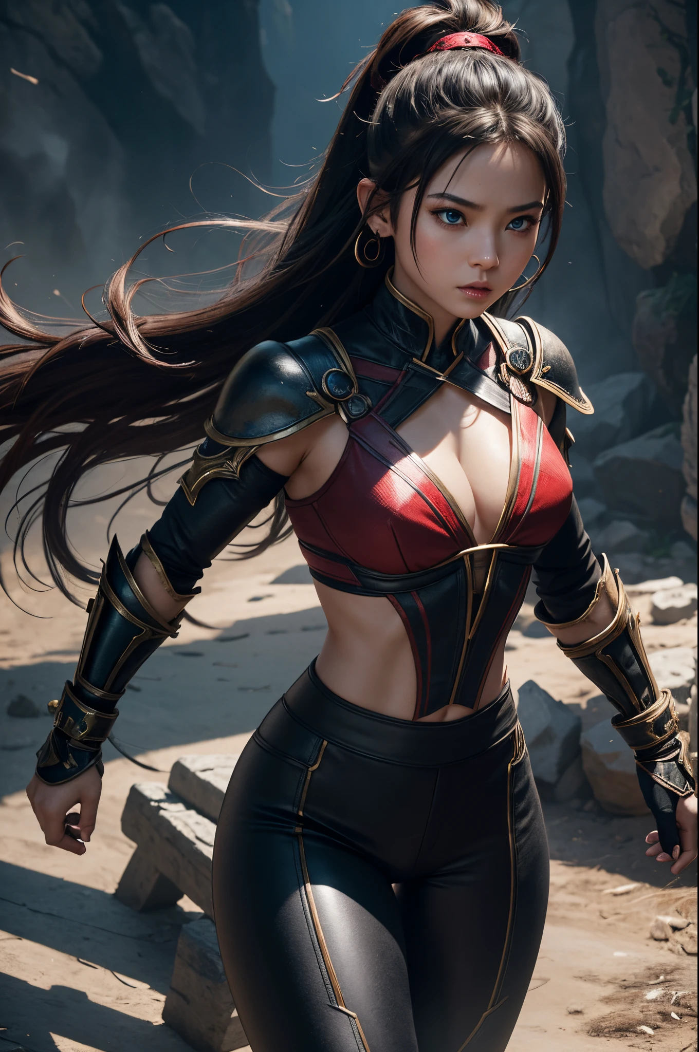 8K、1little girl,tiny chest,girl swordsman,cinematic wonder:Mortal Kombat Girl&#39;s ultra-realistic glow in Unreal Engine 5,Small cleavage、Light equipment、Jet black exterior,Black pants,red precise pattern work,Blue eyes、Equipped with one-handed sword,Creates an enchanting spectacle of strength and elegance。red earrings in ears,Even the smoky air swirling around me、Captured in stunning ultra-high definition 8K detail、It will take you to a world where myth and reality intertwine.。超A high resolution、super realistic skin、Flashy action scenes,Tall  girl,brown mohawk hair,Look at viewers,a very strong wind blows,