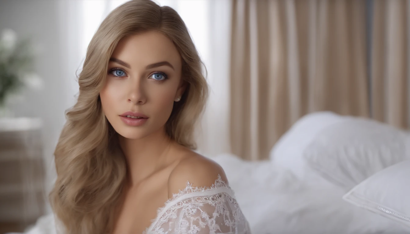 arafed woman fully , sexy girl with blue eyes, ultra realistic, meticulously detailed, portrait sophie mudd, blonde hair and large eyes, selfie of a young woman, bedroom eyes, violet myers, without makeup, natural makeup, looking directly at the camera, face with artgram, subtle makeup, stunning full body shot kneeling on bed, in bedroom, medium to large size bust