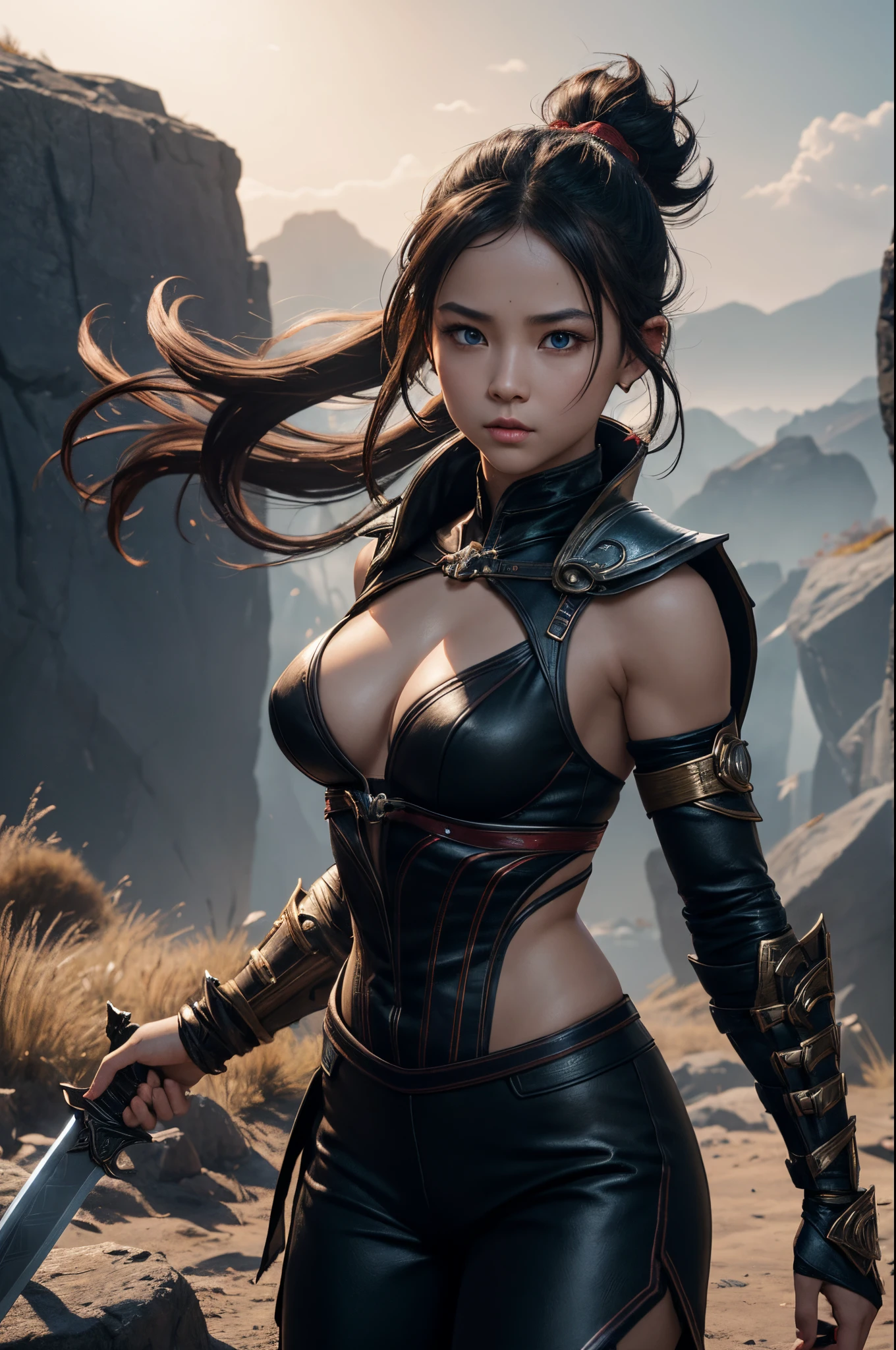 8K、1little girl,tiny chest,girl swordsman,cinematic wonder:Mortal Kombat Girl's ultra-realistic glow in Unreal Engine 5,Small cleavage、Light equipment、Jet black exterior,Black pants,red precise pattern work,Blue eyes、Equipped with one-handed sword,Creates an enchanting spectacle of strength and elegance。red earrings in ears,Even the smoky air swirling around me、Captured in stunning ultra-high definition 8K detail、It will take you to a world where myth and reality intertwine.。超A high resolution、super realistic skin、Flashy action scenes,Tall girl,brown mohawk hair,Look at viewers,a very strong wind blows,
