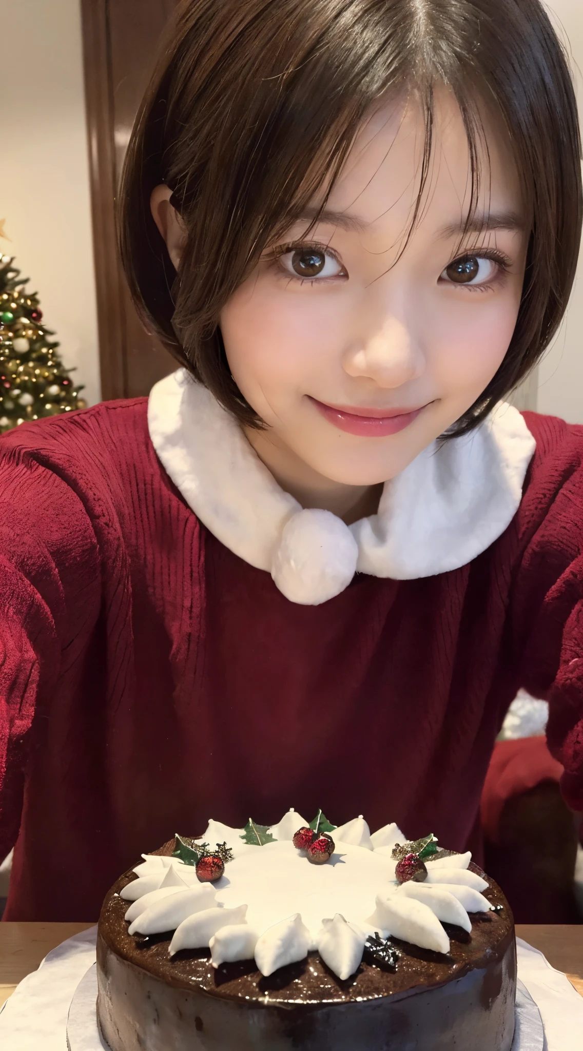 (top-quality,8K picture quality,masterpiece:1.3,),(超A high resolution,Photorealsitic:1.4,Raw photography),(ultra-detailliert,Caustics,perfect anatomia),(Ultra-realistic capture,Beautifully detailed skin),(A girl smiling broadly in front of a large Christmas cake),(Christmas cake close-up:1.3),livingroom,18year old,Black hair short bob,One heavy,White sweater,stares at the camera,Bust-up shot,(low angles),Warm color lighting