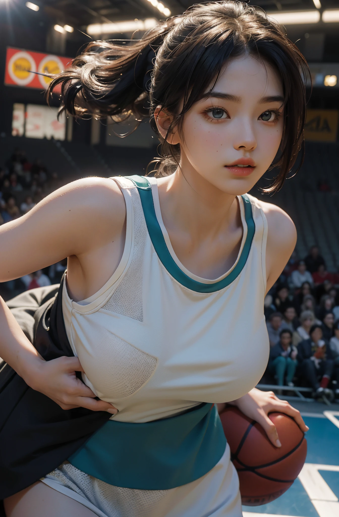 (RAW photo, 4k, masterpiece, high resolution, extremely complex) (realistic: 1.4), cinematic lighting Delicate girl with facial features
1 Girl, Single Focus, Summer Noon, Hot, 1990s\(Style\), Skin White, (Big Breast, Cleavage), (Best Quality), (Highres), (An Extremely Delicate and Beautiful),,(Beautiful 8k face),(green Eyes),(ulzzang-6500:1.0),Chicago bull dress, (solo),( looking side),(spectators),(large breasts),(NBA),bent over,,lookside,(side), ,(Basketball sportswear),((Play basketball)),((gymnasium)),((speed)),(reality),
