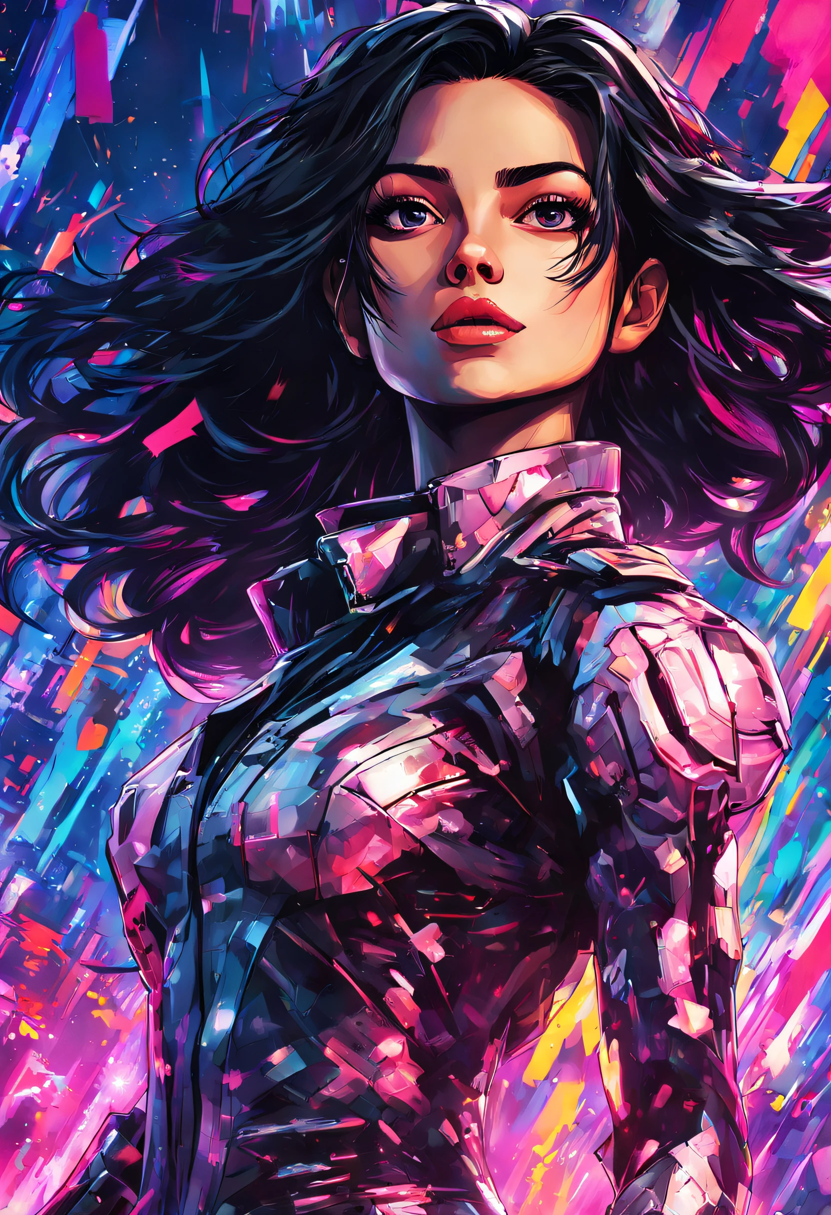 In a vibrant Pop Art style, depict Alita Battle Angel in an epic action scene. Show her fierce determination as she battles adversaries, with neon lights illuminating the night sky. The explosive energy and dynamic colors should make this artwork truly captivating. --ar 16:9 --v 5.2