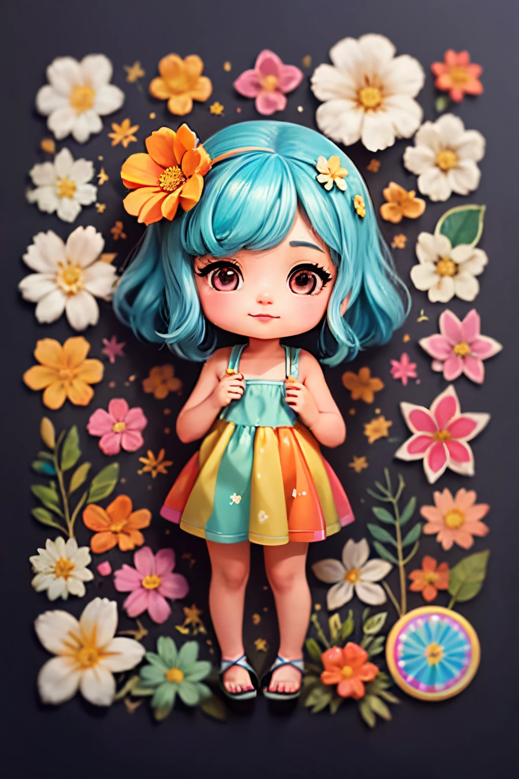 Stand in front of the photo、1girl in,Full body, a short bob、Sleeveless、rainbow color Hair,Colorful flip flops,A slight smil、kawaii pose、Flowing iridescent silk、up of face、Eye Up、Colorcon with heart pattern、Floral dress、There are flowers even in front of you、flower petals、season!!: 夏天☀ 🍂