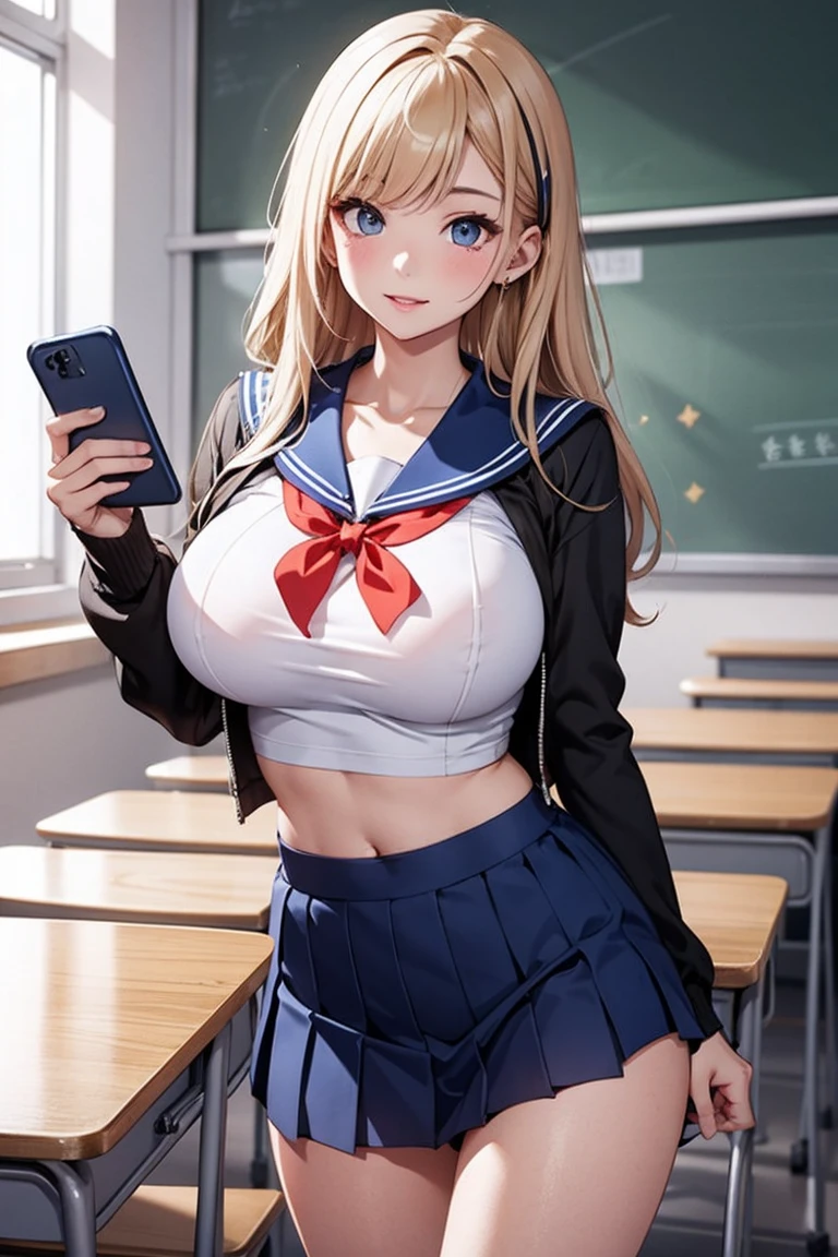 School Classroom、High school girl using a smartphone attached to her arm。Beauty JK,huge tit、a sailor suit、a miniskirt