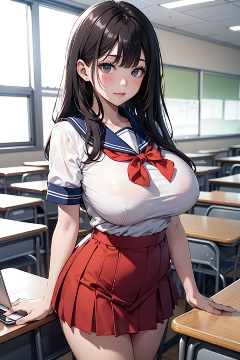 School Classroom、High school girl using a smartphone attached to her arm。Beauty JK,huge tit、a sailor suit、a miniskirt