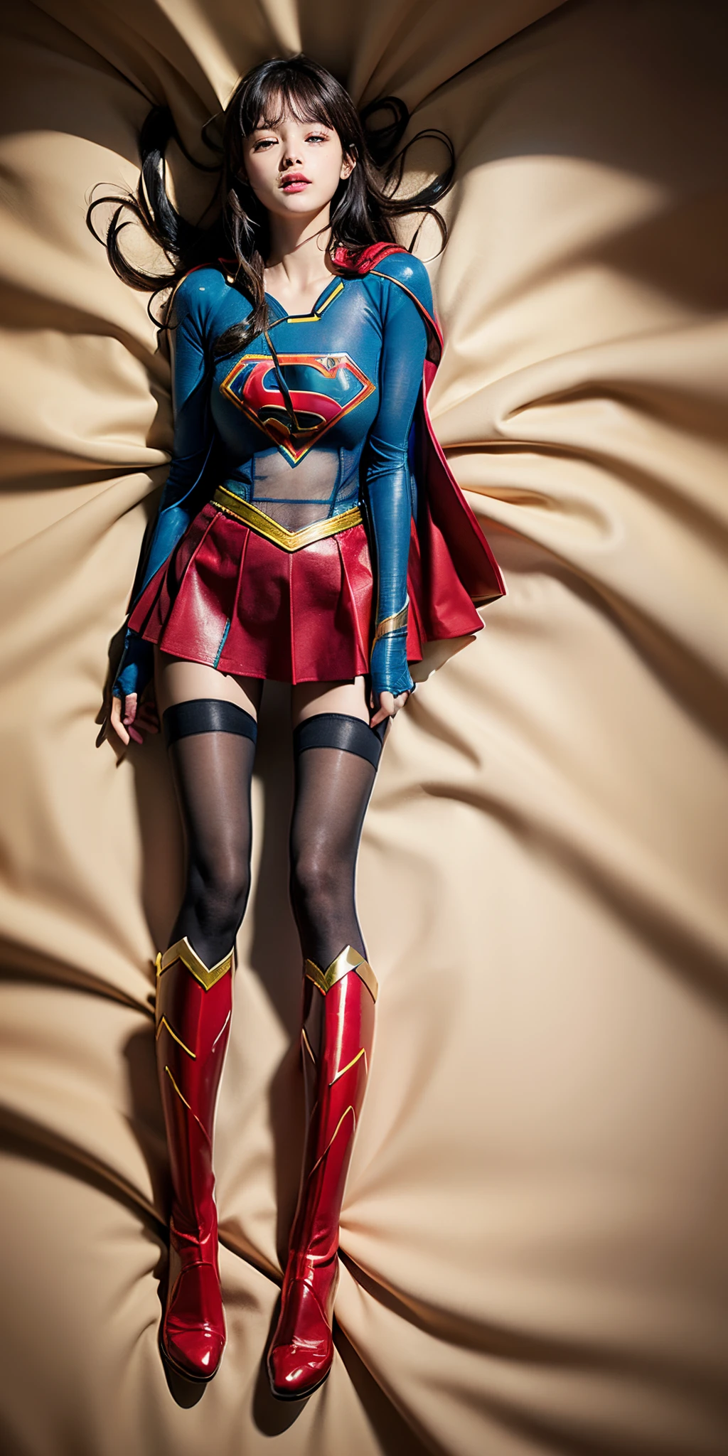 (((Highest quality、8K、masterpiece:1.3))、Supergirl、胸にSupergirlのロゴ、Eyes closed、Head facing down、hang down your neck、Sharp focus:1.2、Beautiful woman with perfect figure:1.4、Slim Abs:1.2、((Layered Cut、Huge boobs:1.2))、Wet body:1.5、非常に詳細な顔と肌の質感Supergirl、Bloodstained、Clothes are shredded、Torn、Highest quality, Familiar, High resolution), 1 Girl, Supergirl、Super Heroine、Bishoujo Warrior、defeat、Lying down'return、fall、knock out、フィットしたSupergirlのコスチューム、Enlarge your breasts、Muscular、alone, From above,sleepy, sleepワイン, Doll joints、sleep、it hurts、it hurts look、syncope、cadaver、Beautiful crotch、High detail、8K