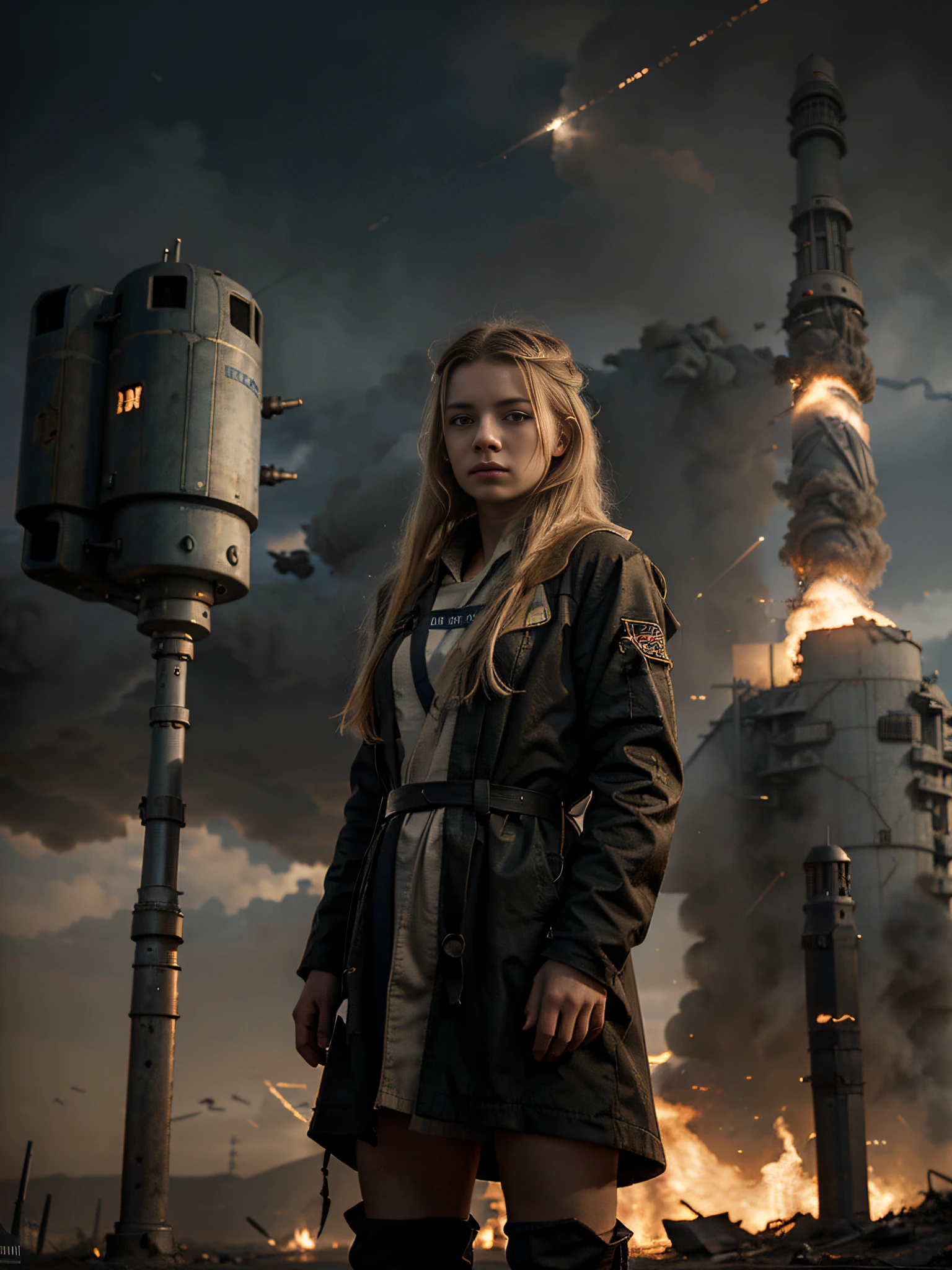 RAW photograph, Russian girl 18 years old , long dirty blonde hair, wind blown hair, dusty face, jedi robes, Jedi Master, sexy, Against the backdrop of a desolate post-apocalypse, hero landing pose, crouched, destroyed buildings, Carcasses of burnt war vehicles, tracer bullet flares on background, Oppressive atmosphere, Dark skies, photo realism, sharp-focus, fallout, science fiction, cinematic scene, space vehicles in sky