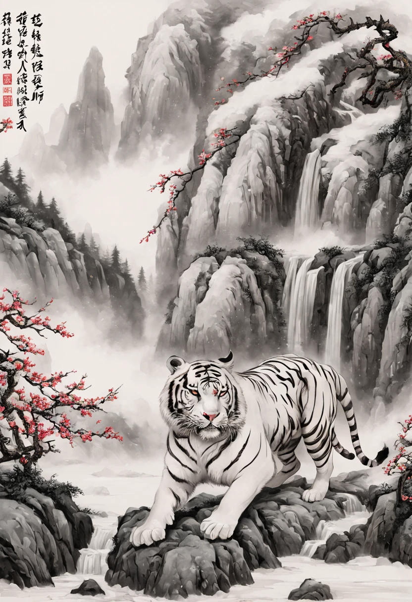 The mighty and ferocious white tiger，Green pines and cypresses stand tall，surrounded by cloud，rugged mountains，Old palace，Surrounded by snow and ice，[(white backgrounid:1.5)::5]，Medium shot，fully body photo，Chinese style，Plum blossom fragrance，stone fragment，Beautiful and delicate Chinese white tiger，(Fine strokes: 1.1), Dynamic depiction, Vivid and real, mesmerizing charm, rich pictures, 8K, ink and watercolor painting, artistic décor, expected insert, wide angles, super detailing, Best quality at best, A high resolution,  correct
