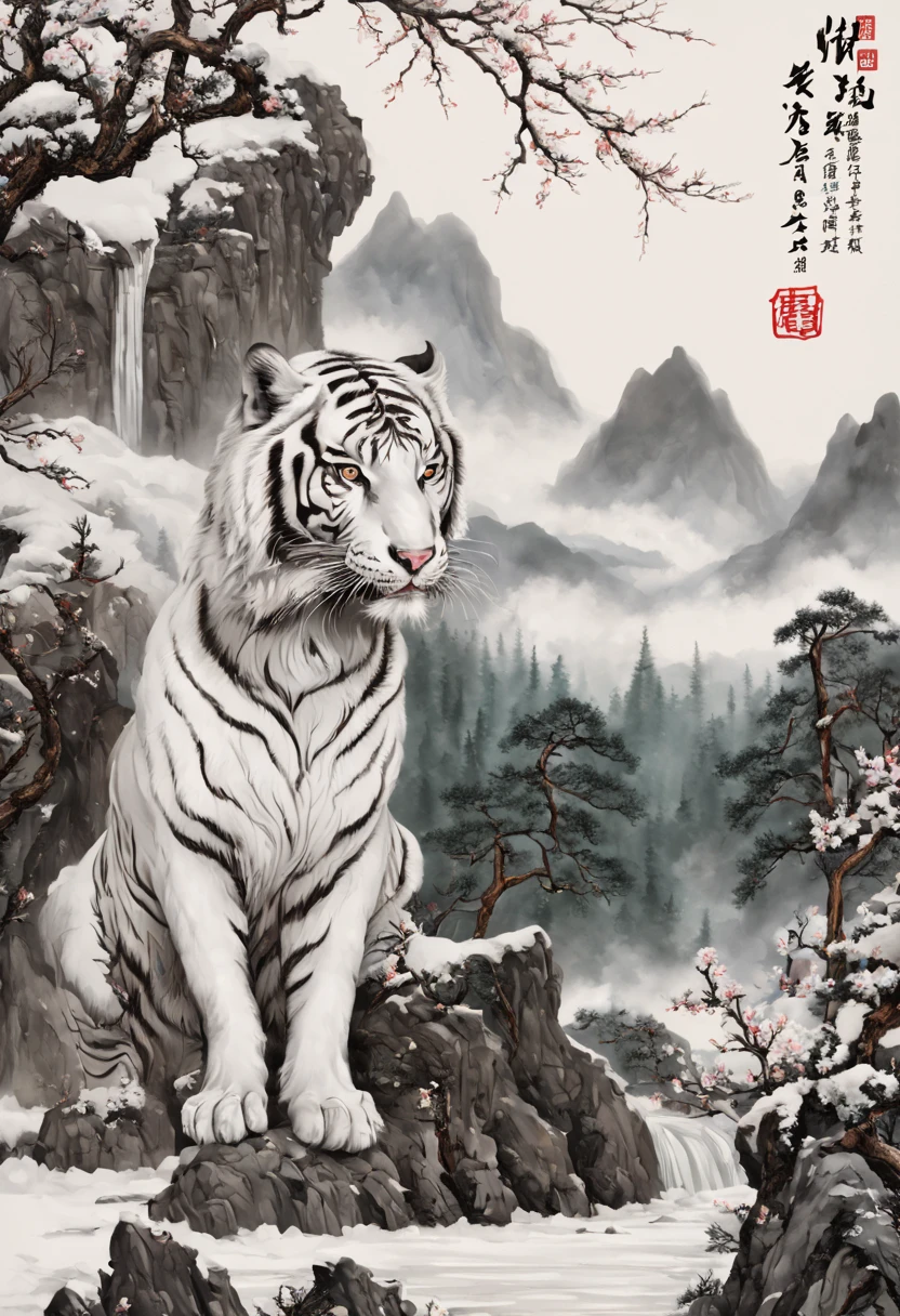 The mighty and ferocious white tiger，Green pines and cypresses stand tall，surrounded by cloud，rugged mountains，Old palace，Surrounded by snow and ice，[(white backgrounid:1.5)::5]，Medium shot，fully body photo，Chinese style，Plum blossom fragrance，stone fragment，Beautiful and delicate Chinese white tiger，(Fine strokes: 1.1), Dynamic depiction, Vivid and real, mesmerizing charm, rich pictures, 8K, ink and watercolor painting, artistic décor, expected insert, wide angles, super detailing, Best quality at best, A high resolution, anatomy correct