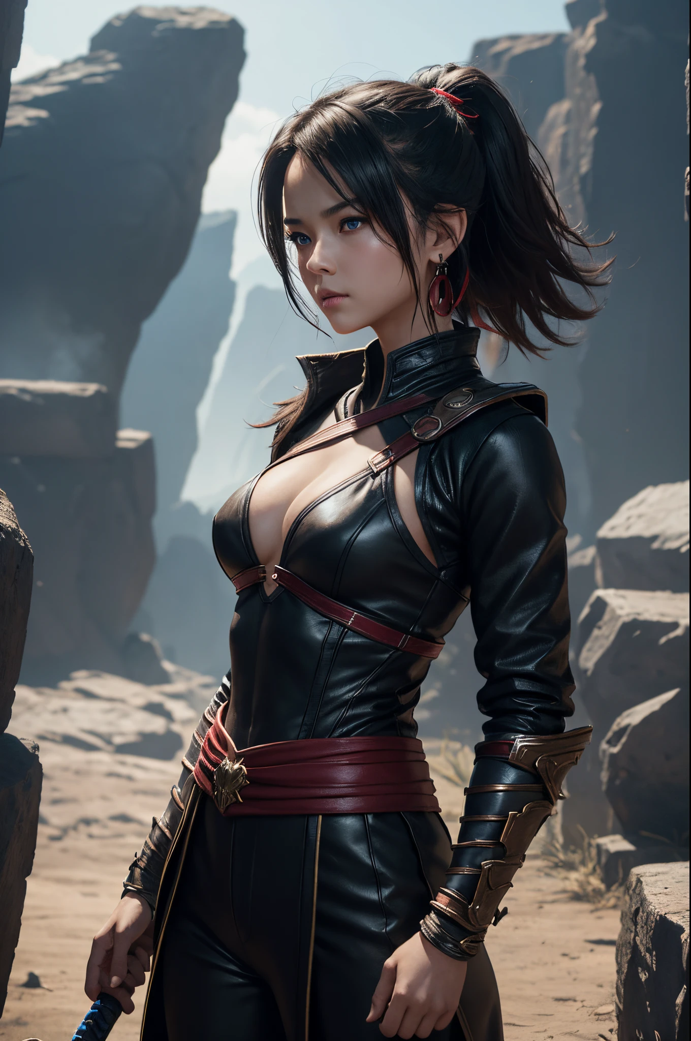 Brown half-elf character with black overcoat using two katanas