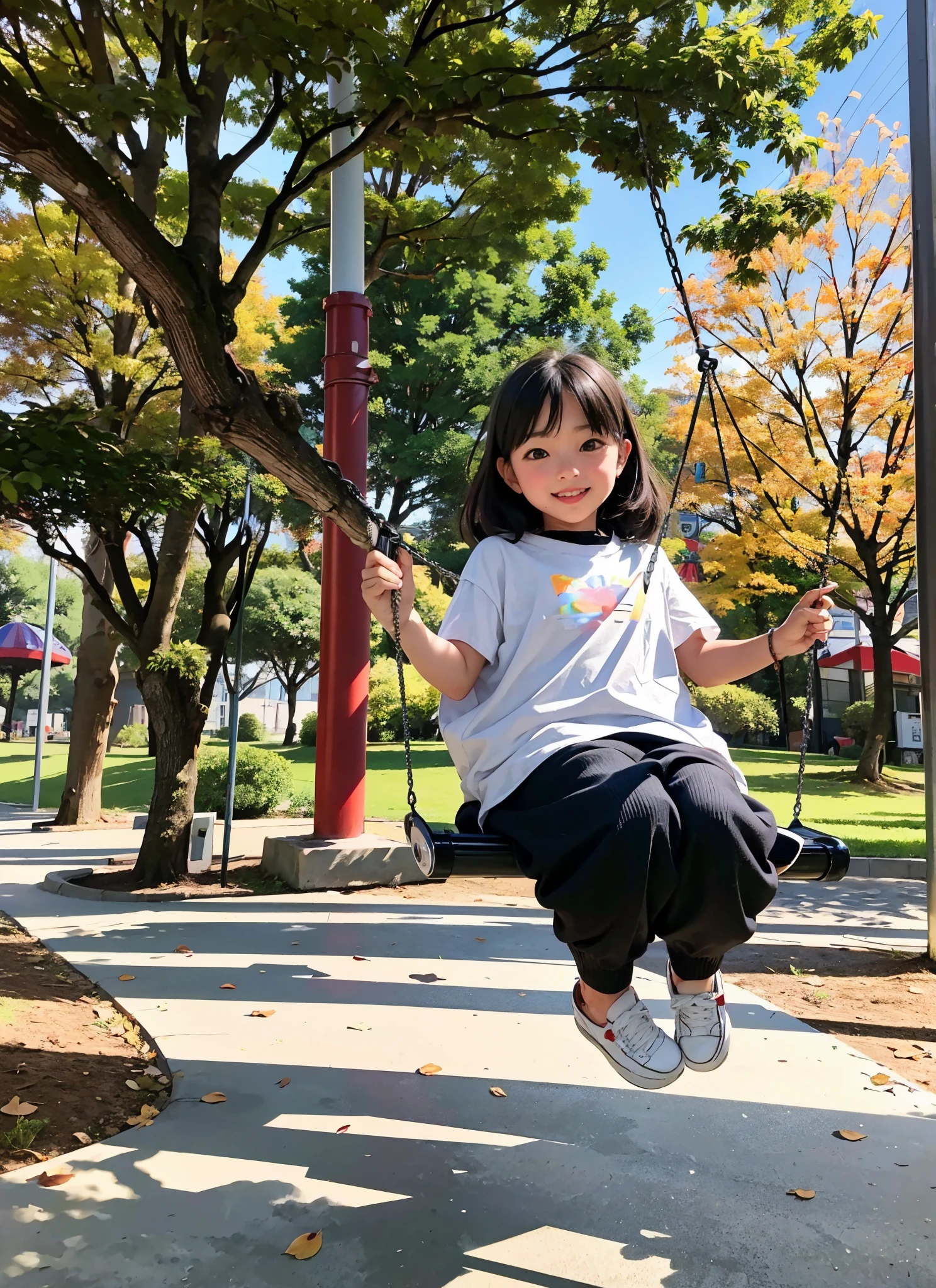 There is a cute girl playing on the swing in the park, at park, In Park, business park, In Park, There is a park behind, at park, sway, 2 years g on a tree, in a city park, photo taken with canon 5d, Shot with iPhone 1 3 Pro Max,swing on a tree, in a city park, photo taken with canon 5d, Shot with iPhone 1 3 Pro Max,one-girl,An amusement park,Autumn leaves,cheerfulness,perfectquality,Clear focus(messy park:0.8), (tmasterpiece:1.2) (realistically:1.2) (bokeh) (Best quality at best) (delicate skin:1.3) (Complicated details) (8K) (詳細な目) (Focus sharp),(having fun),autumnal,The sun is shining,Autumn landscape background,There are trees,A four-year-old gsway, a ro face,Cute girl on the swing