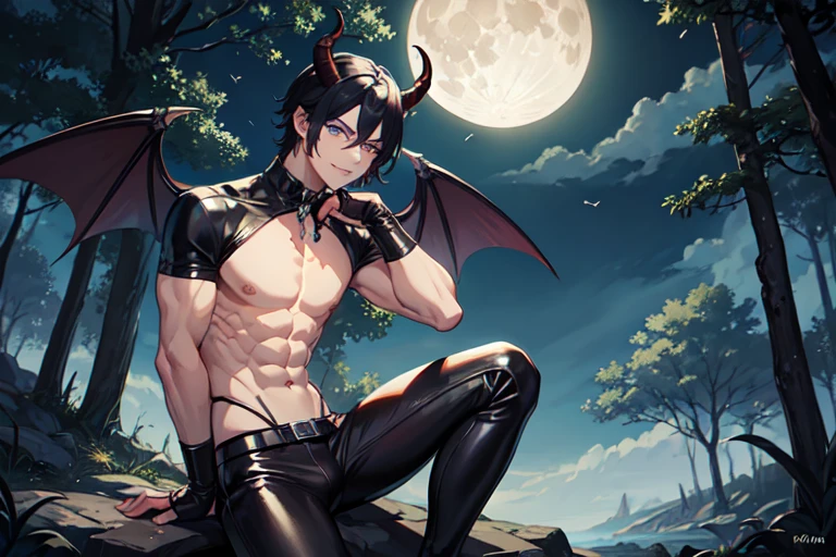 Masterpiece, best quality, Male Demon, black hair, Short hair, Horns, blue eyes, demon wings, Seduction Smile, topless male, muscular, leather belts, leather pants, forest background, Moon, detailed moonlight