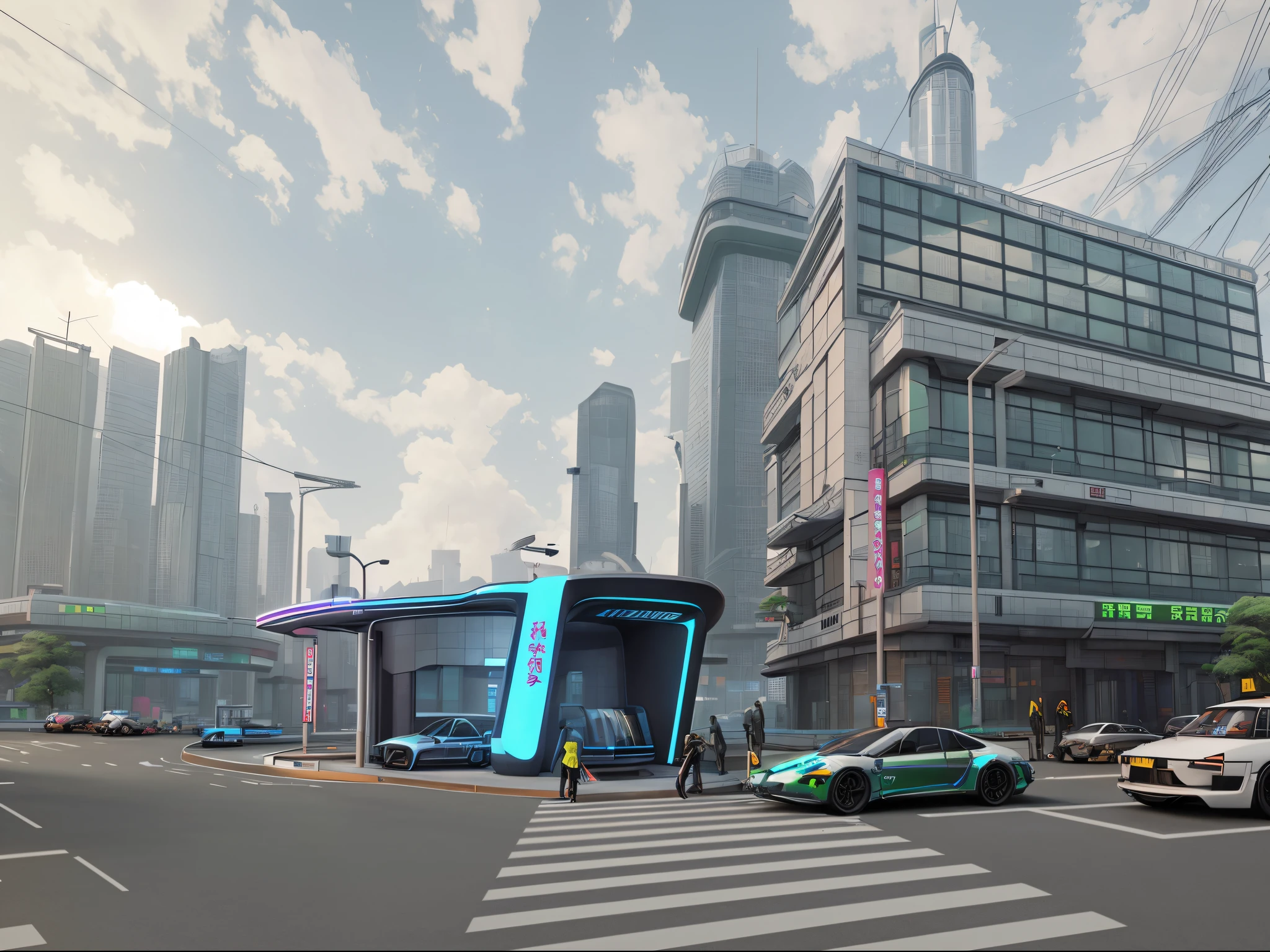 There is a capsule base on the street in front of the building, Cyberpunk Mansion,There are green belts on both sides of the traffic,There are green plants on both sides, Taxi of the future, by Ni Yuanlu, cyberpunk elevated train, futuristic street, by Shitao, in 2 0 5 5, by Yan Hui, Cha Shibiao, Future city streets, author:Shen Zhou, In the cyberpunk city,rendered in 3 dsmax, With 3D rendering, With 3D rendering, shenzhen,Future concept design,There is green grass on the ground,There are no cars on the road,There are no vehicles