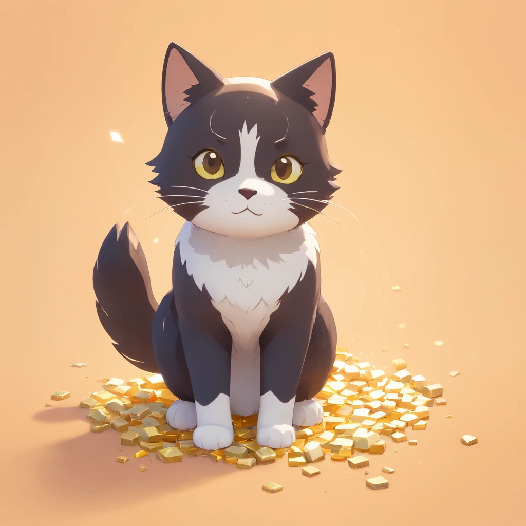 Cute isometric cat emoticon, tuxedo jack, black and white cat, Fluffy and cute, Pastel gold background, soft and muted colors, 3d icon clay render, springtime: 120mm, 3d blender render, Trending on Polycount, modular constructivism, Orange background, physically-based renderingt, The kitten in the middle lowers its head to the side