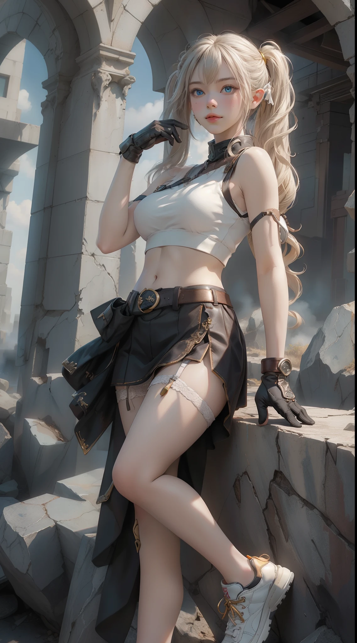 (Masterpiece:1.2), best quality, riven \(league of legends\), 1girl, folded ponytail, short dress, coreset, single pauldron, white hair, black eyeshadow, bare shoulders, full body, standing, sexy