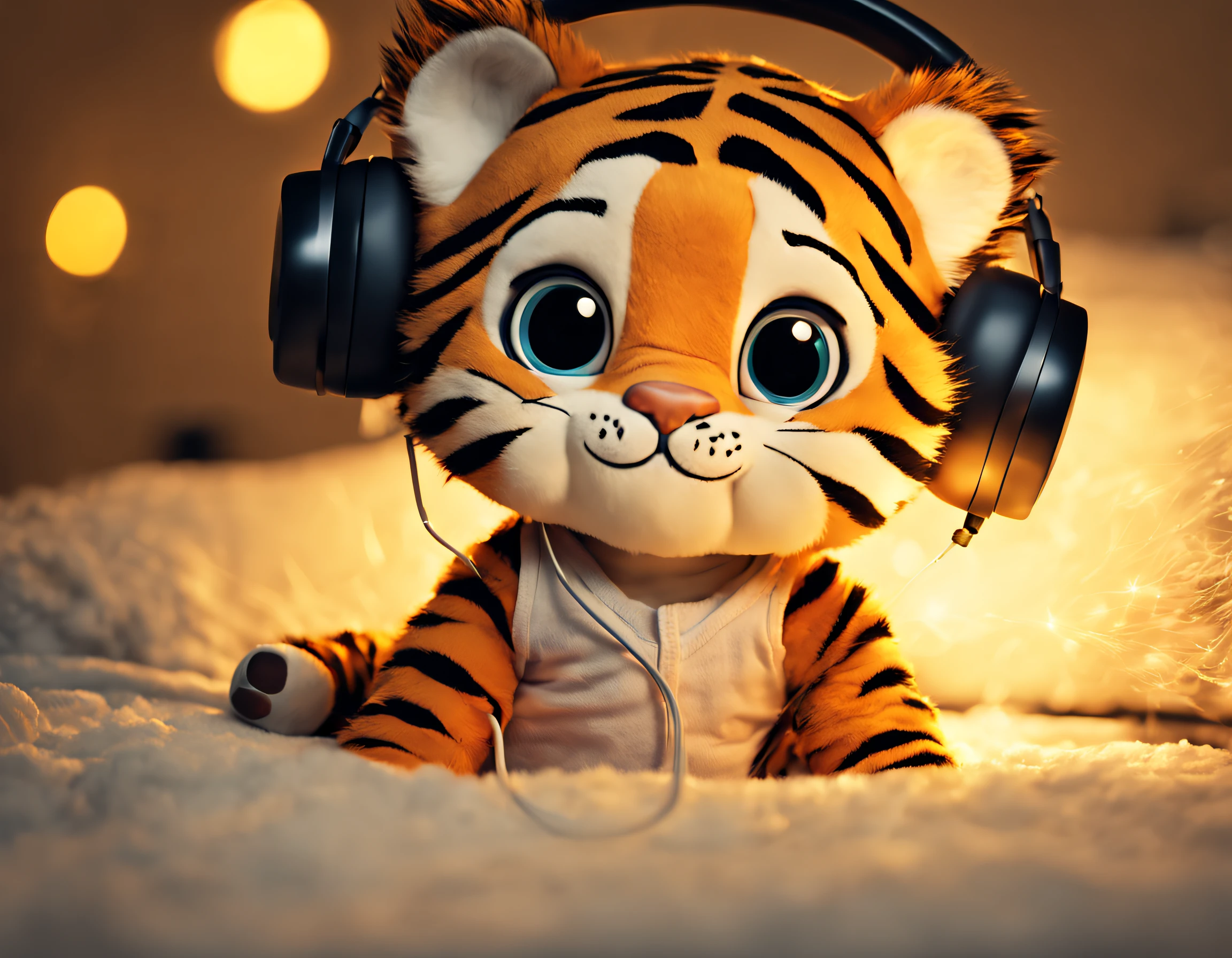 natta, A cute little tiger lying on the bed in pajamas, eye glass, an anthropomorphic turtle, Cell phones and headphones, with soft light, Ultra high definition and detail --q 2 --v 4