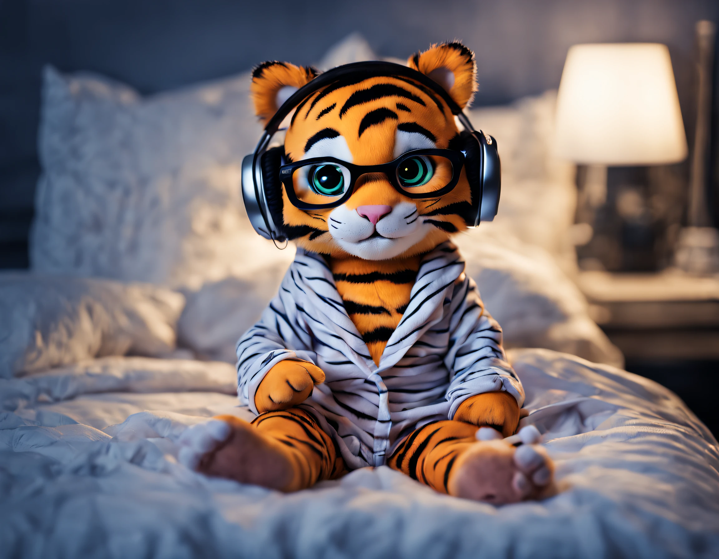 natta, A cute little tiger lying on the bed in pajamas, eye glass, an anthropomorphic turtle, Cell phones and headphones, with soft light, Ultra high definition and detail --q 2 --v 4