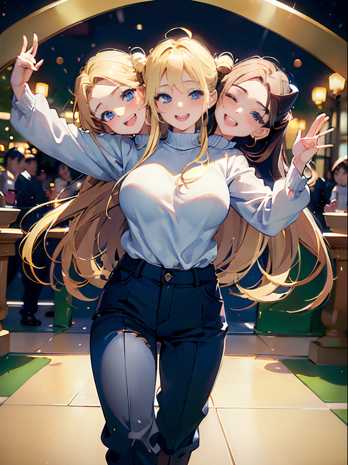 (masterpiece, best quality), best resolution, (3heads:1.5), 1girl, blond hair with brown highlights, blue eyes, happy, right head's mouth closed, left head's mouth open, black sweater, blue long pants, walking, dancing to christmas party music, christmas party in park at night
