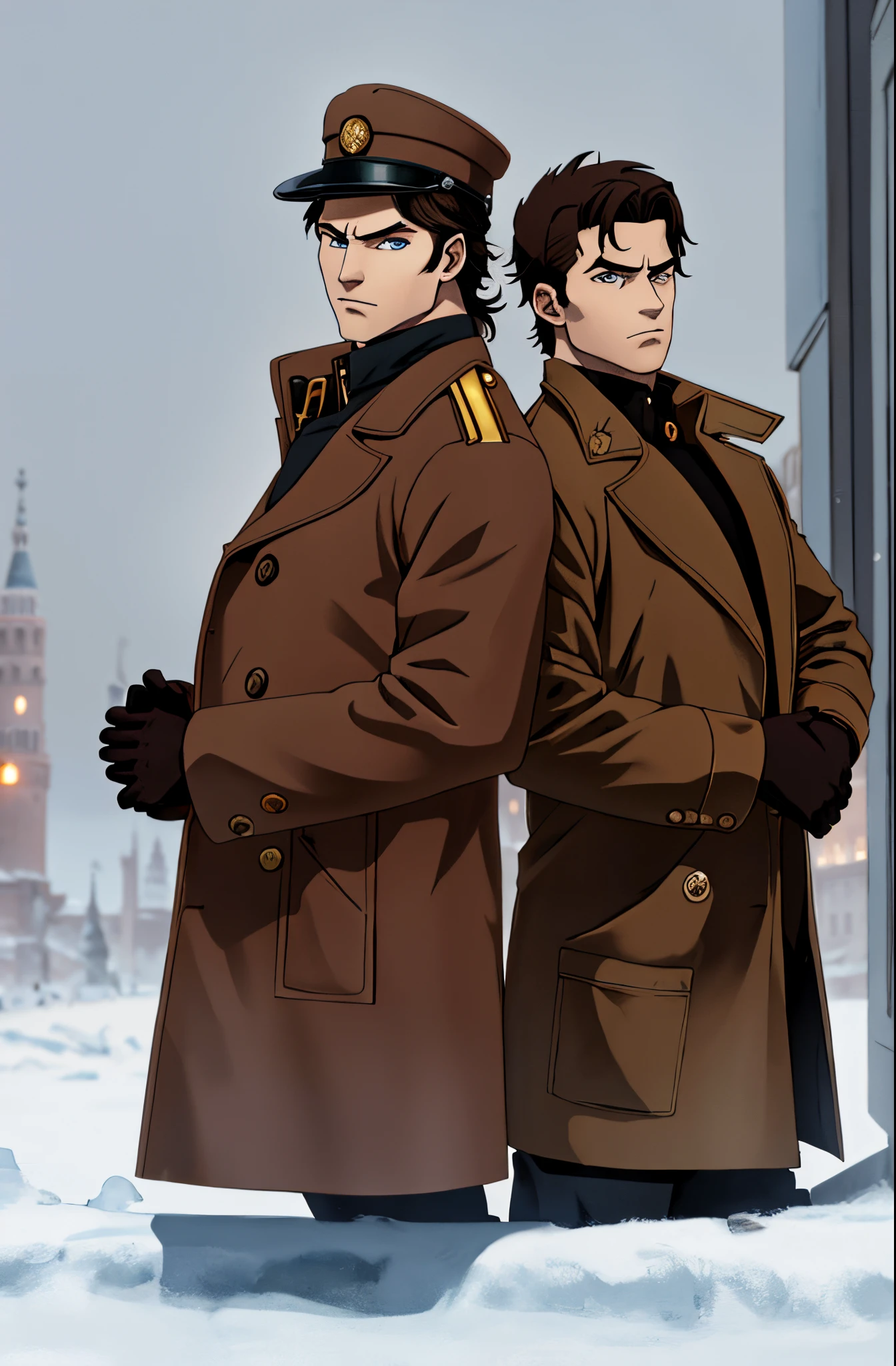 JOJO BIZZARE PERSONS, Russian winter city, one in a brown coat and detective hat, detail eyes and face, serious