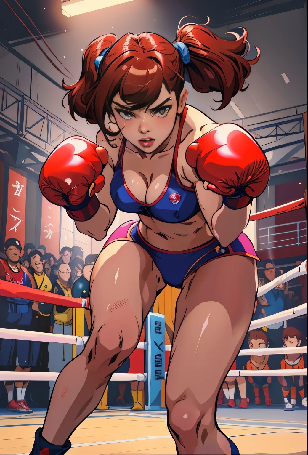 anime girl dans un ring de boxe avec un gant rouge, sur un ring de boxe, Chun Li au gymnase, Elle est prête à se battre, Pose de combat, dans une pose de combat, Makoto, en position de combat, Anime Moe Artstyle, Ilya Kuvshinov. 4 km, marin kitagawa fanart, boxe, Style Ilya Kuvshinov