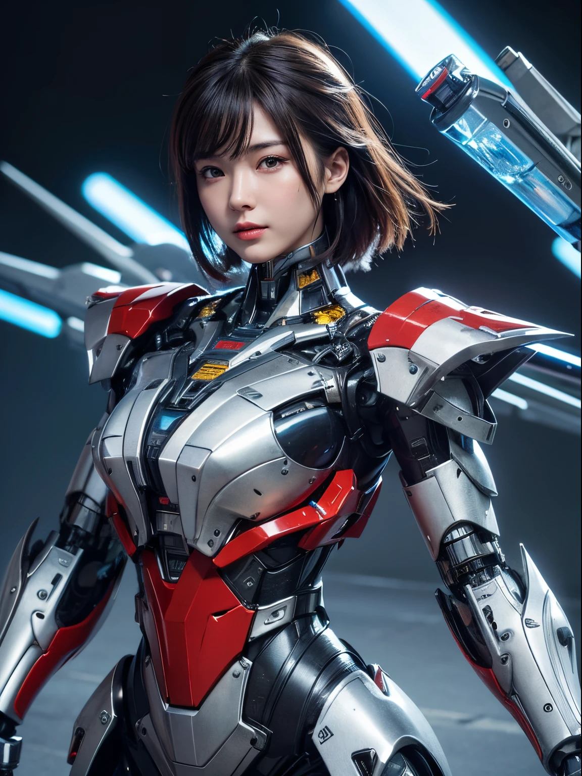 Textured skin, Super Detail, high details, High quality, Best Quality, hight resolution, 1080p, hard disk, Beautiful,(cyborgs),(Missiles from the chest),beautiful cyborg woman,Mecha Cyborg Girl,Battle Mode,Girl with a Mecha Body,She wears a battle cyborg mech with a weapon,Fulll body Shot