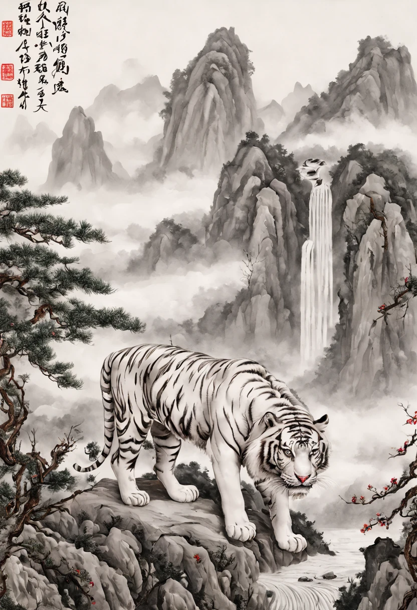 The mighty and ferocious white tiger，Green pines and cypresses stand tall，surrounded by cloud，rugged mountains，Old palace，Surrounded by snow and ice，[(white backgrounid:1.5)::5]，Medium shot，fully body photo，Chinese style，Plum blossom fragrance，stone fragment，Beautiful and delicate Chinese white tiger，(Fine strokes: 1.1), Dynamic depiction, Vivid and real, mesmerizing charm, rich pictures, 8K, ink and watercolor painting, artistic décor, expected insert, wide angles, super detailing, Best quality at best, A high resolution, anatomy correct