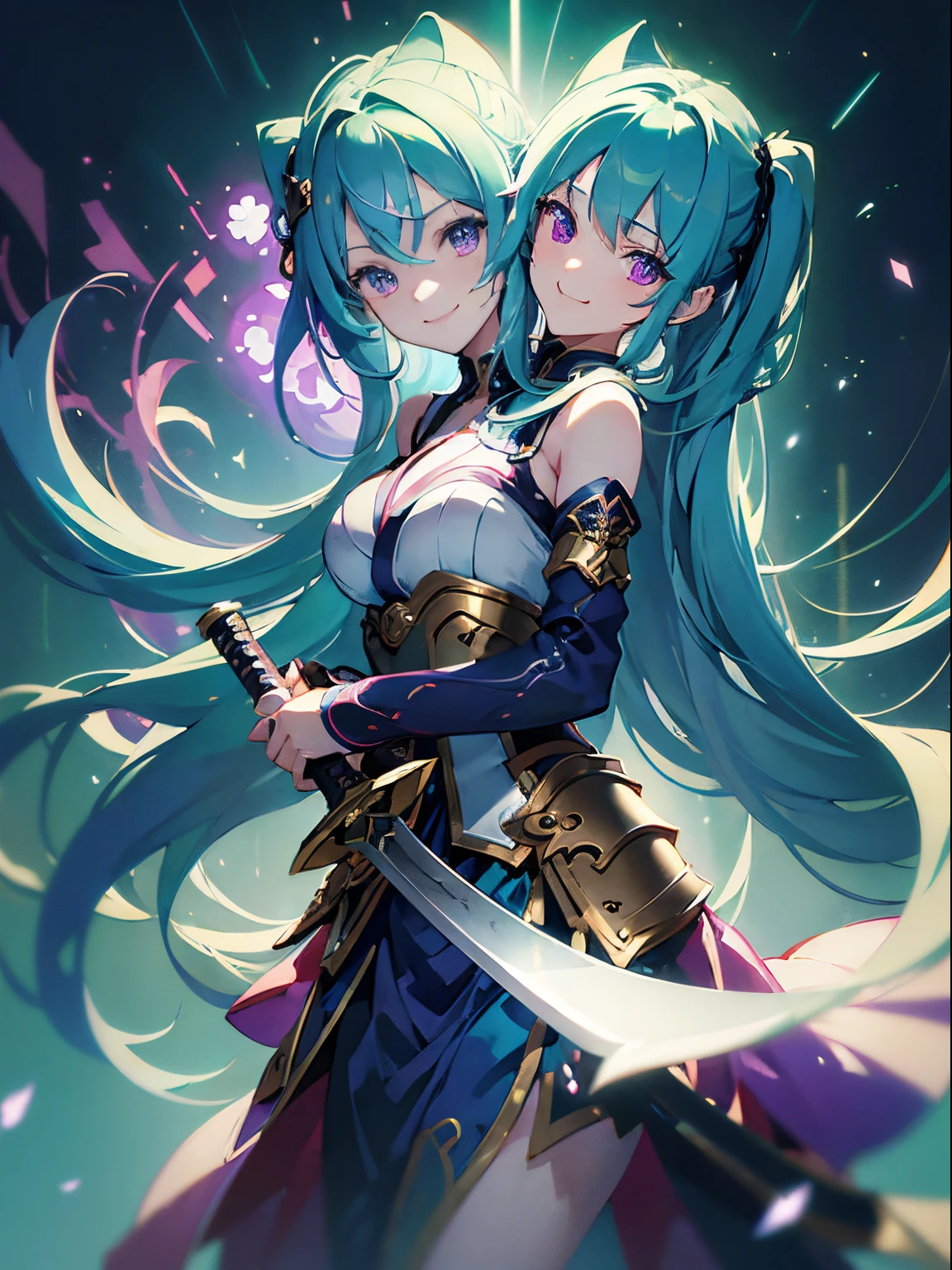 (masterpiece, best quality), best resolution, (2heads:1.5), 1girl, teal hair, purple eyes, extremely long hair, cute, calm, smiling, japanese armor, sword, ((holding sword)), blue flames, glowing weapon, light particles, wallpaper, chromatic aberration
