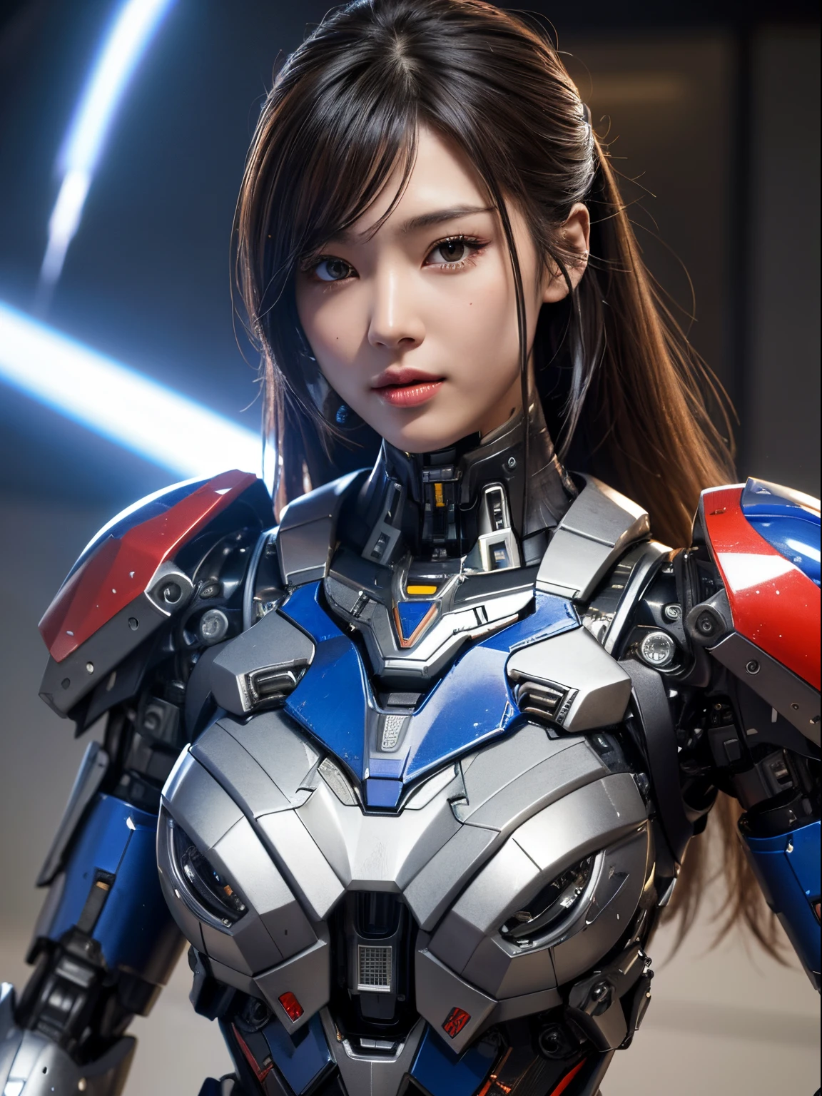 Textured skin, Super Detail, high details, High quality, Best Quality, hight resolution, 1080p, hard disk, Beautiful,(Iron Patriot),beautiful cyborg woman,Mecha Cyborg Girl,Battle Mode,Girl with a Mecha Body,She wears a futuristic Iron Patriot mech,Fulll Body Shot,A powerful cyborg woman, sleek and futuristic, with advanced mechanical augmentations that enhance her strength and capabilities.