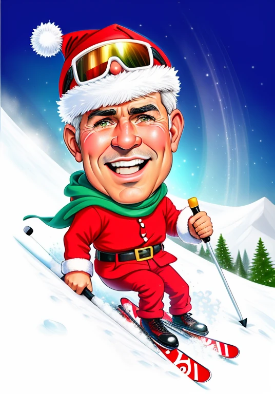 cartoon of a man in Santa hat skiing down a hill, caricature illustration, estilo caricatura, caricatura, caricatura!!!, caricatural, Santa, retrato dos desenhos animados, inspirado em Rudolph Belarski, Kenny Schar, in cartoon style, esqui, foto de perfil, Papai Noel, charicatura, caricaturista, Natal, Alarcon Cartunista