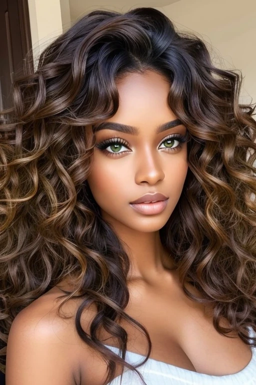 Woman, brown skin, green eyes, voluminous lips, curly long hair, makeup, realistic, angelic sexy face