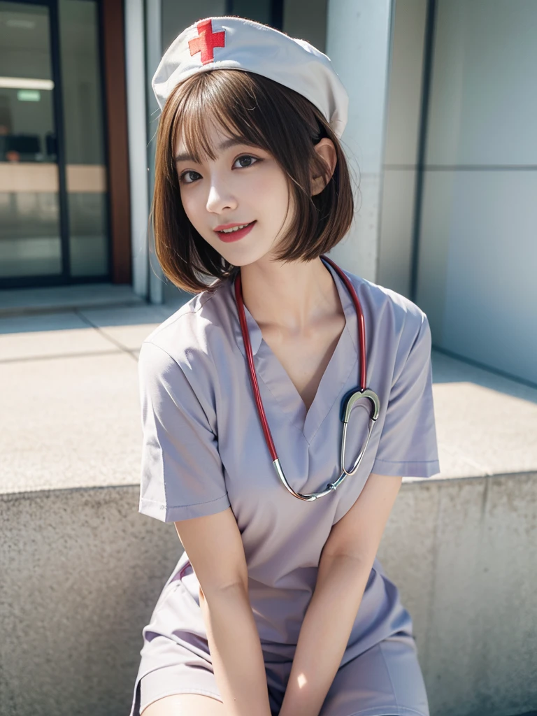 (realistic, photo-realistic:1.37), (masterpiece), (best quality:1.4), (ultra high res:1.2),(RAW photo:1.2), (sharp focus:1.3), (face focus:1.2),
(1girl wearing detailed nurse and nurse cap:1.4), (spread legs), (from side:1.3), (hospital:1.5), plump, BREAK,
(medium breasts:1.27), (laugh:1.1), (brown bob cut:1.3), scenery, (20yo), (cute), photon mapping, (spot lighting), Evening, finely detail, vibrant details, hyperrealistic, (NSWF:1.5)